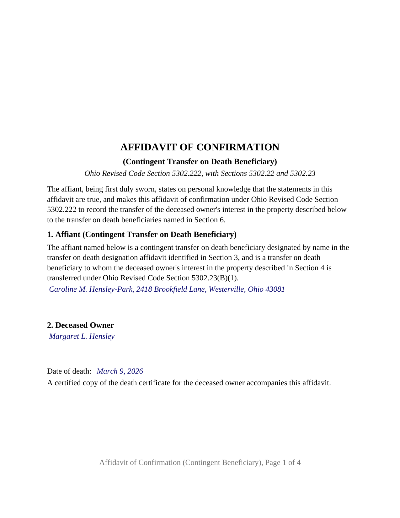 Wyandot County Completed Example of the Affidavit of Confirmation (Contingent Beneficiary) Document