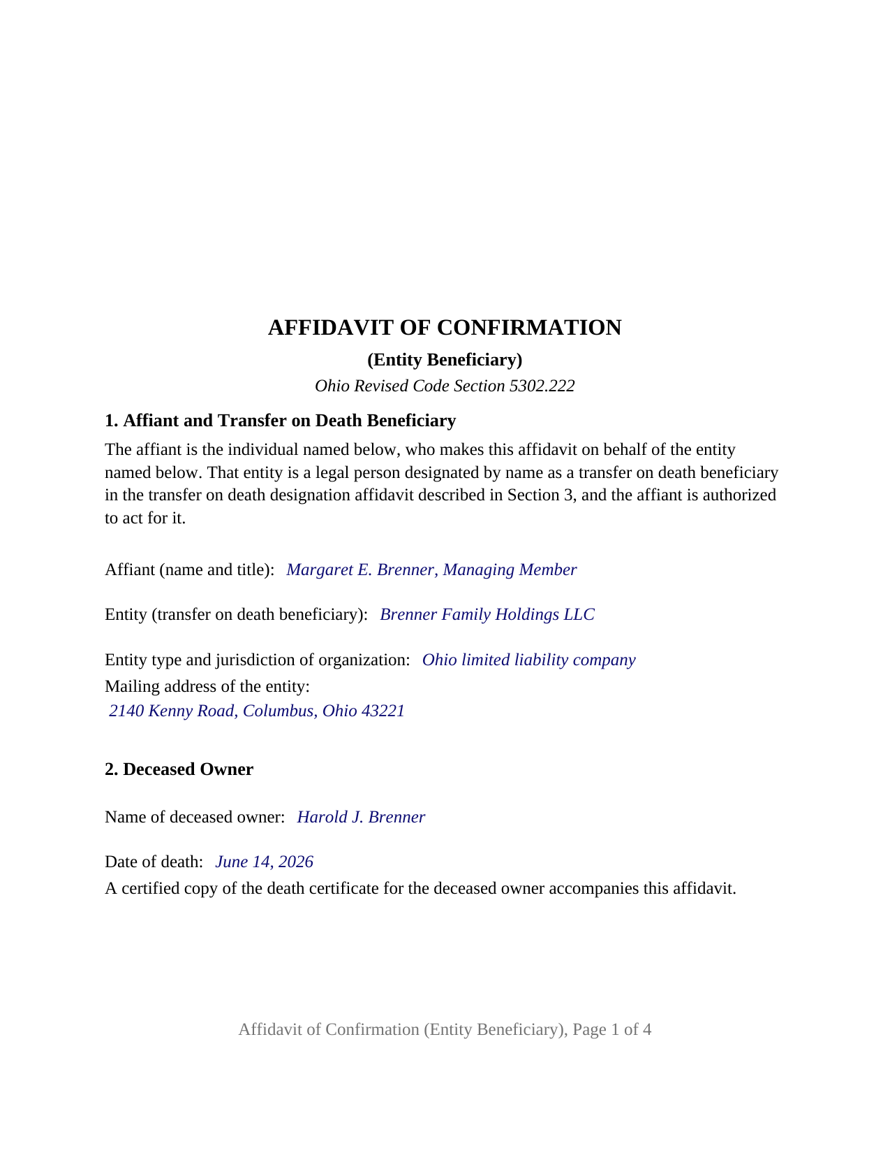 Wyandot County Completed Example of the Affidavit of Confirmation (Entity Beneficiary) Document