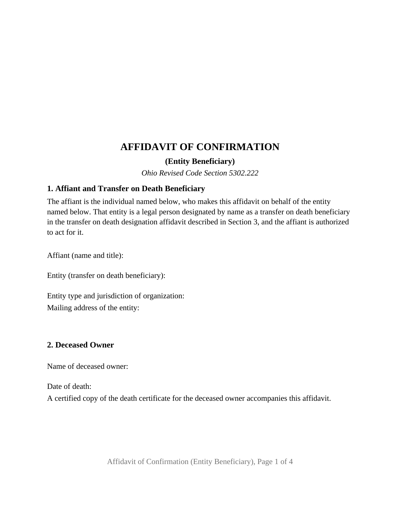 Wyandot County Affidavit of Confirmation (Entity Beneficiary) Form