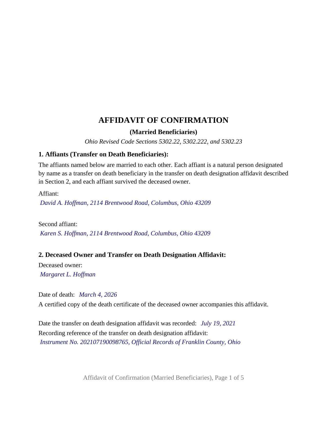 Henry County Completed Example of the Affidavit of Confirmation (Married Beneficiaries) Document