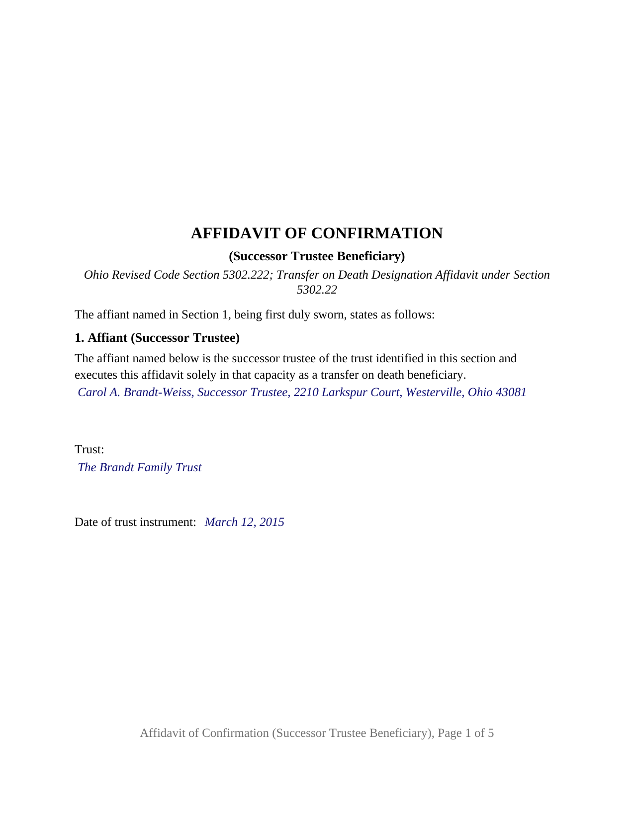 Wyandot County Completed Example of the Affidavit of Confirmation (Successor Trustee Beneficiary) Document