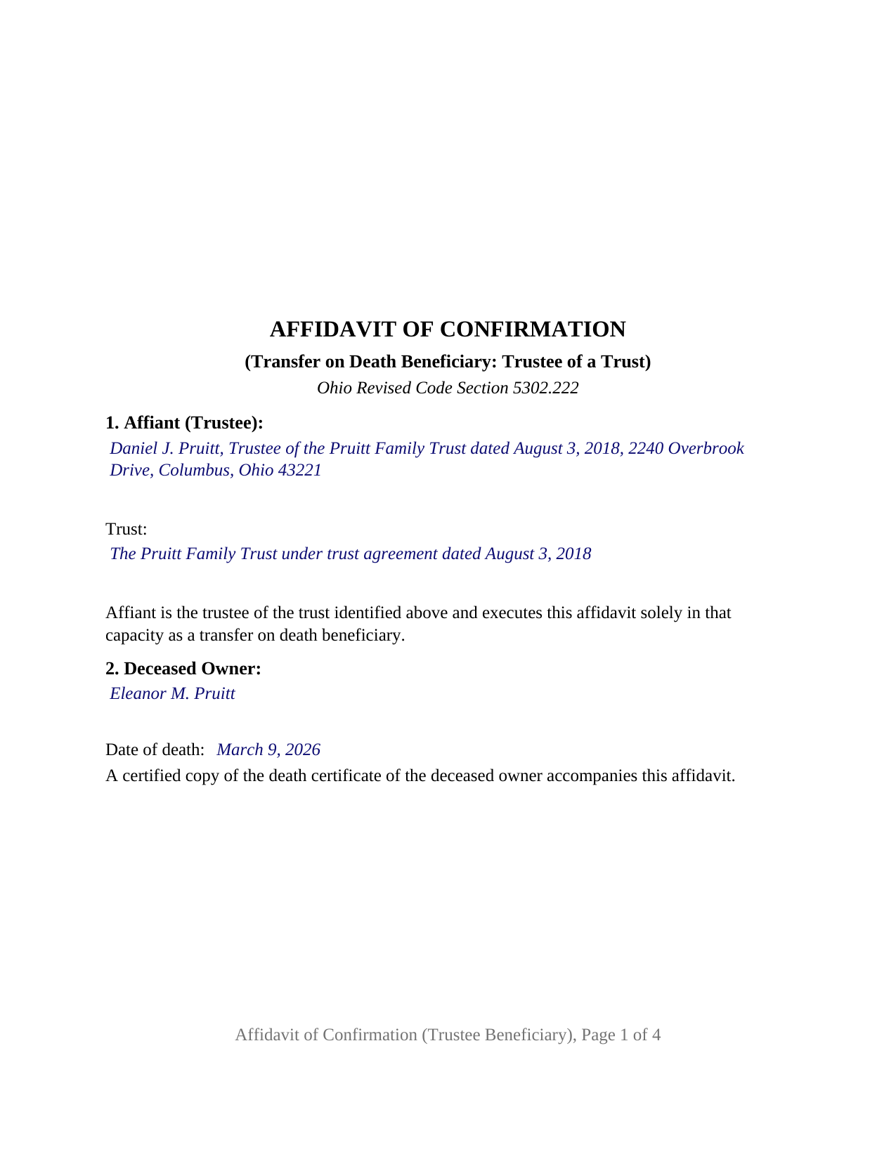 Wyandot County Completed Example of the Affidavit of Confirmation (Trustee Beneficiary) Document