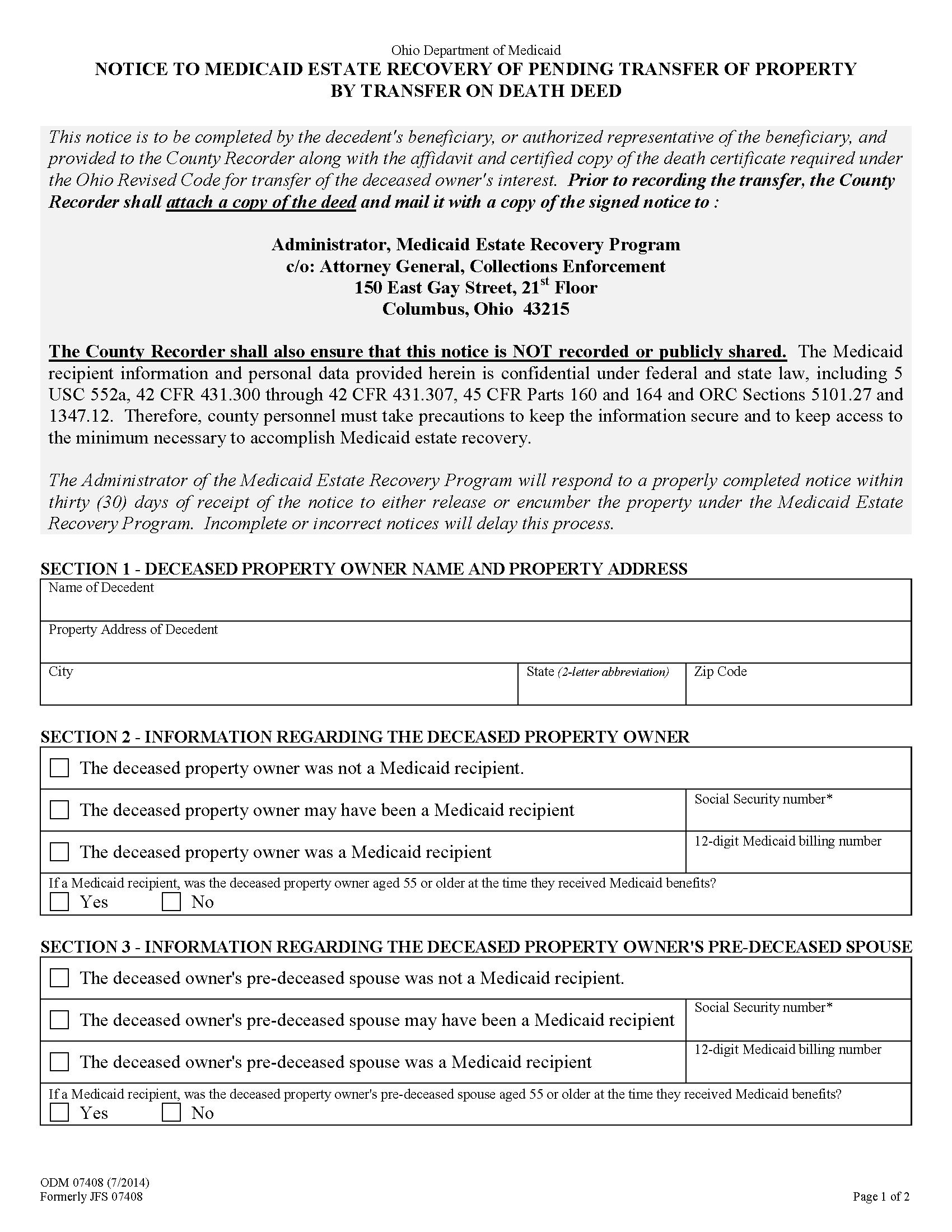 Lorain County Notice to Medicaid Estate Recovery Program Form
