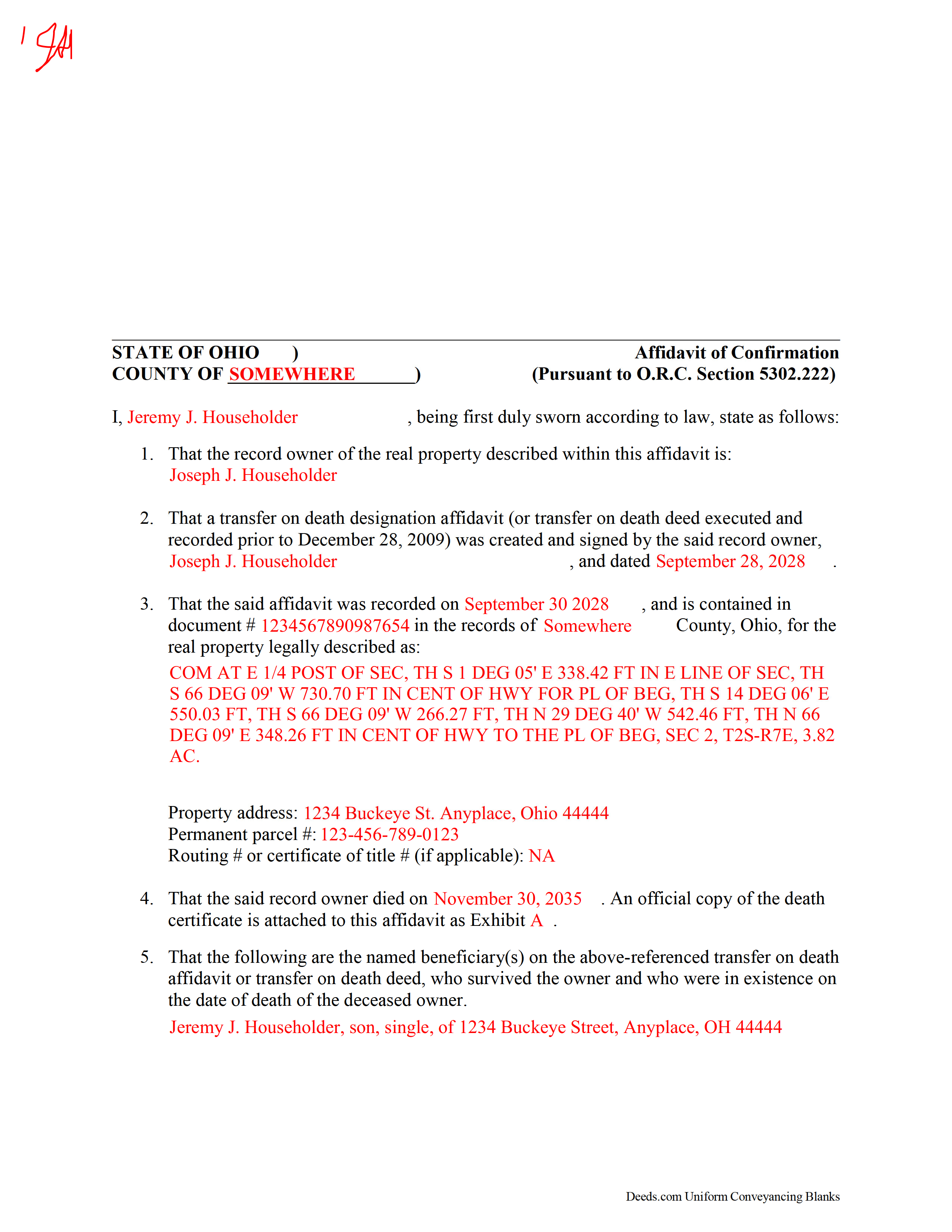 Lorain County Completed Example of the Affidavit of Confirmation Document