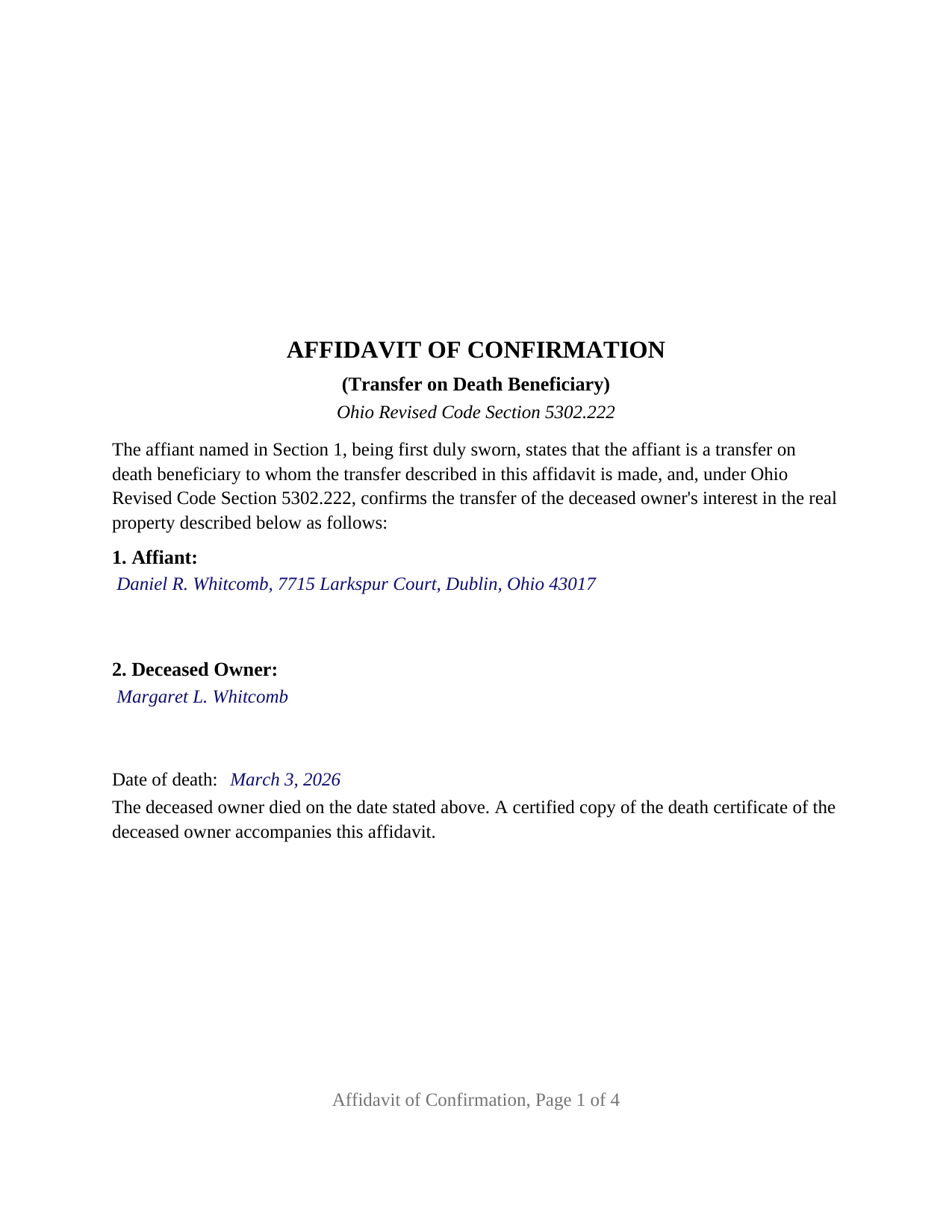 Richland County Completed Example of the Affidavit of Confirmation Document
