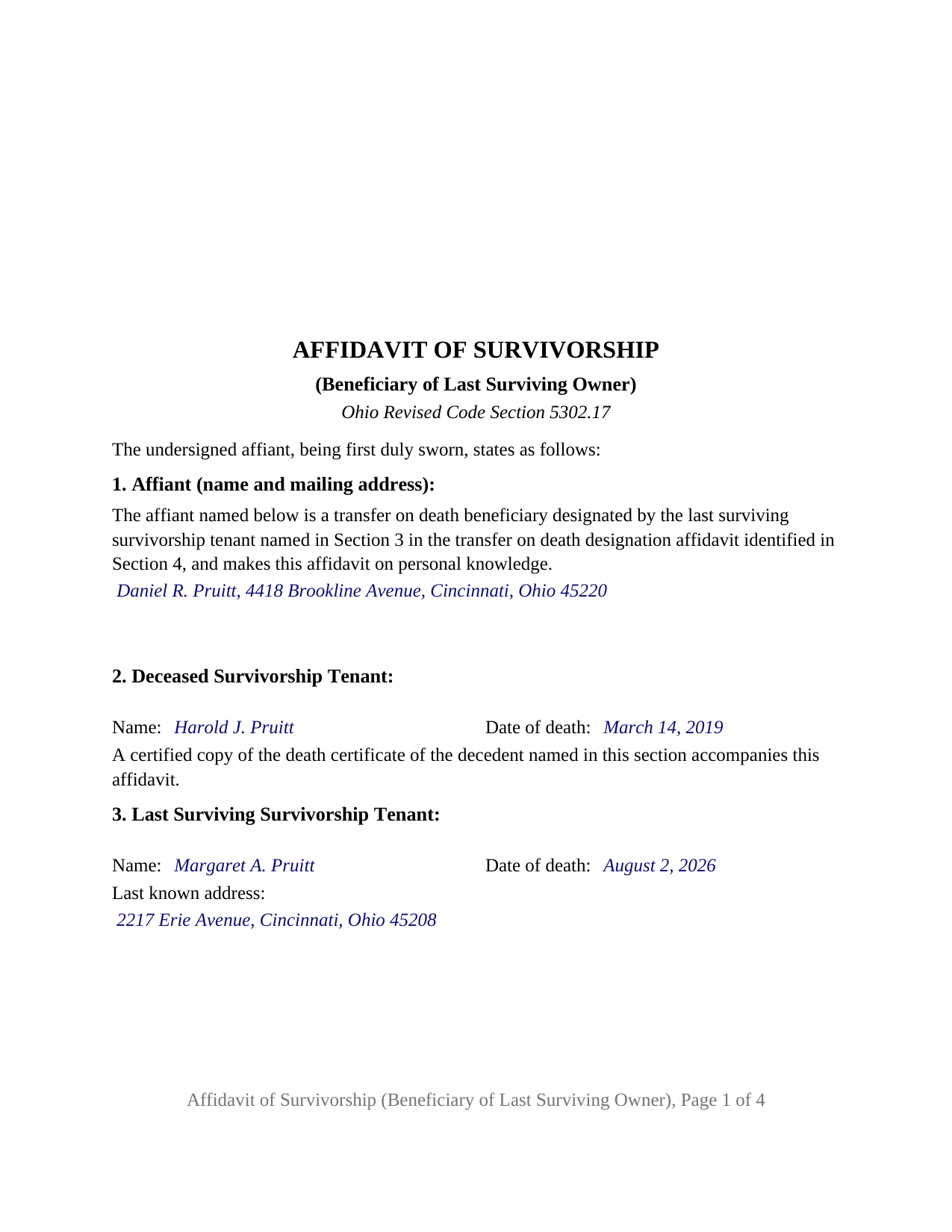 Columbiana County Completed Example of the Affidavit of Survivorship (Beneficiary of Last Surviving Owner) Document