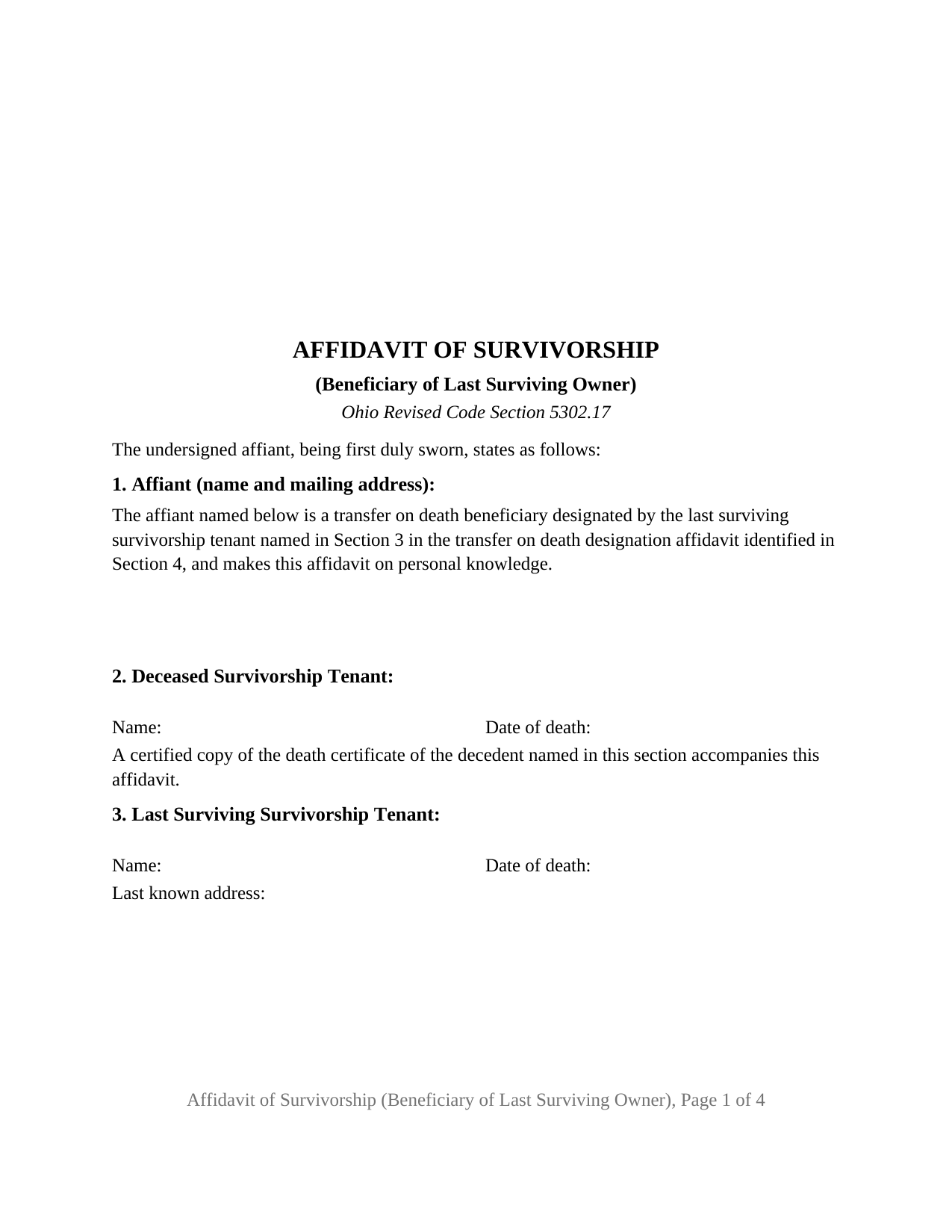 Columbiana County Affidavit of Survivorship (Beneficiary of Last Surviving Owner) Form