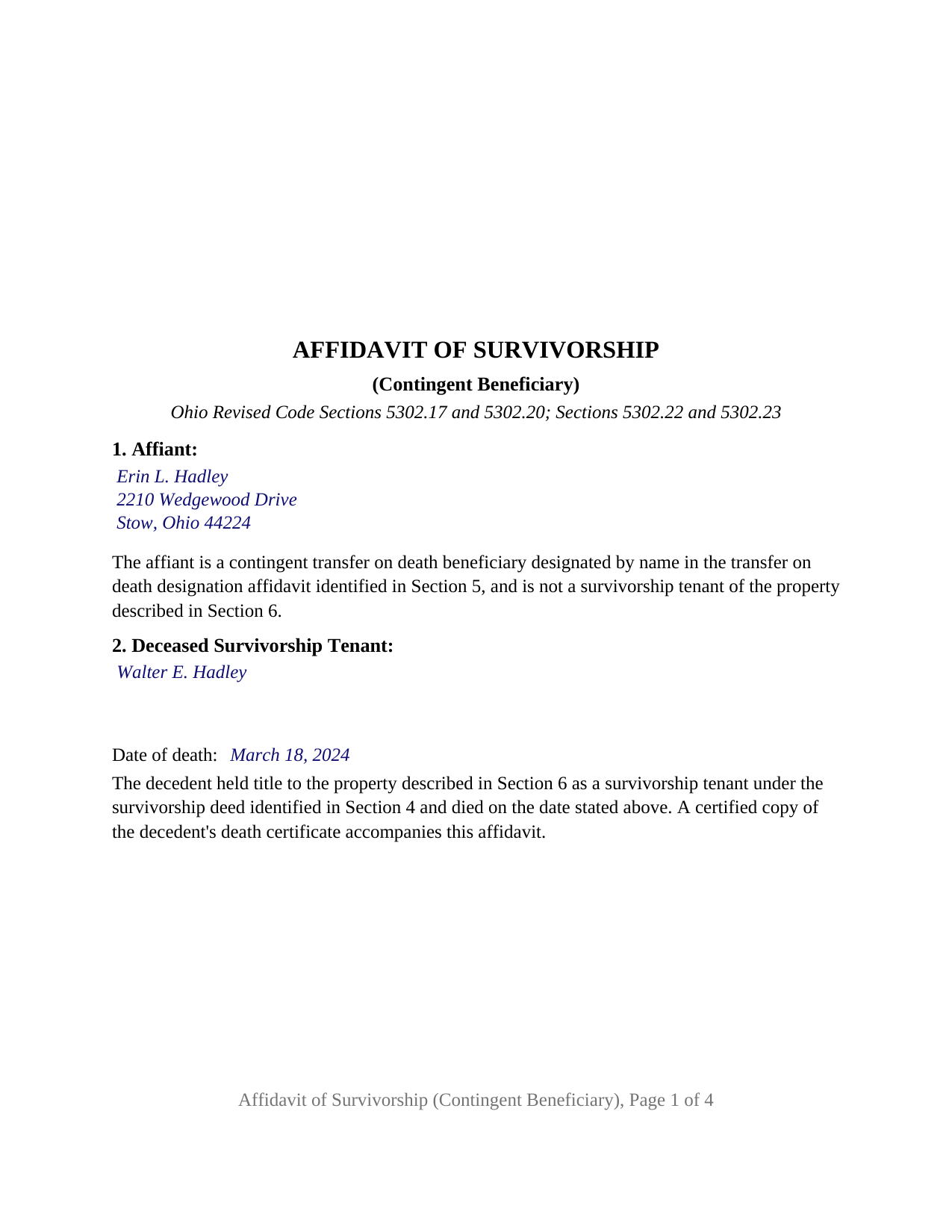 Preble County Completed Example of the Affidavit of Survivorship (Contingent Beneficiary) Document