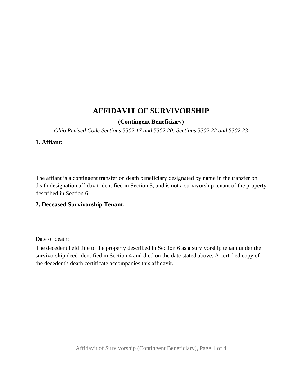 Preble County Affidavit of Survivorship (Contingent Beneficiary) Form
