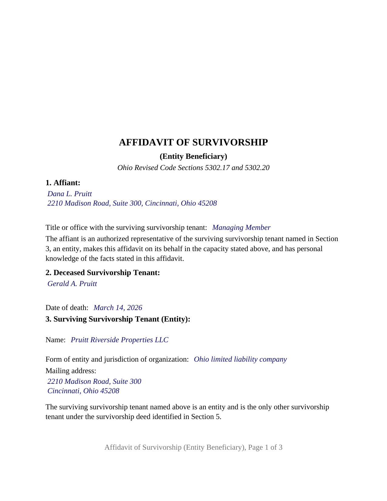 Brown County Completed Example of the Affidavit of Survivorship (Entity Beneficiary) Document