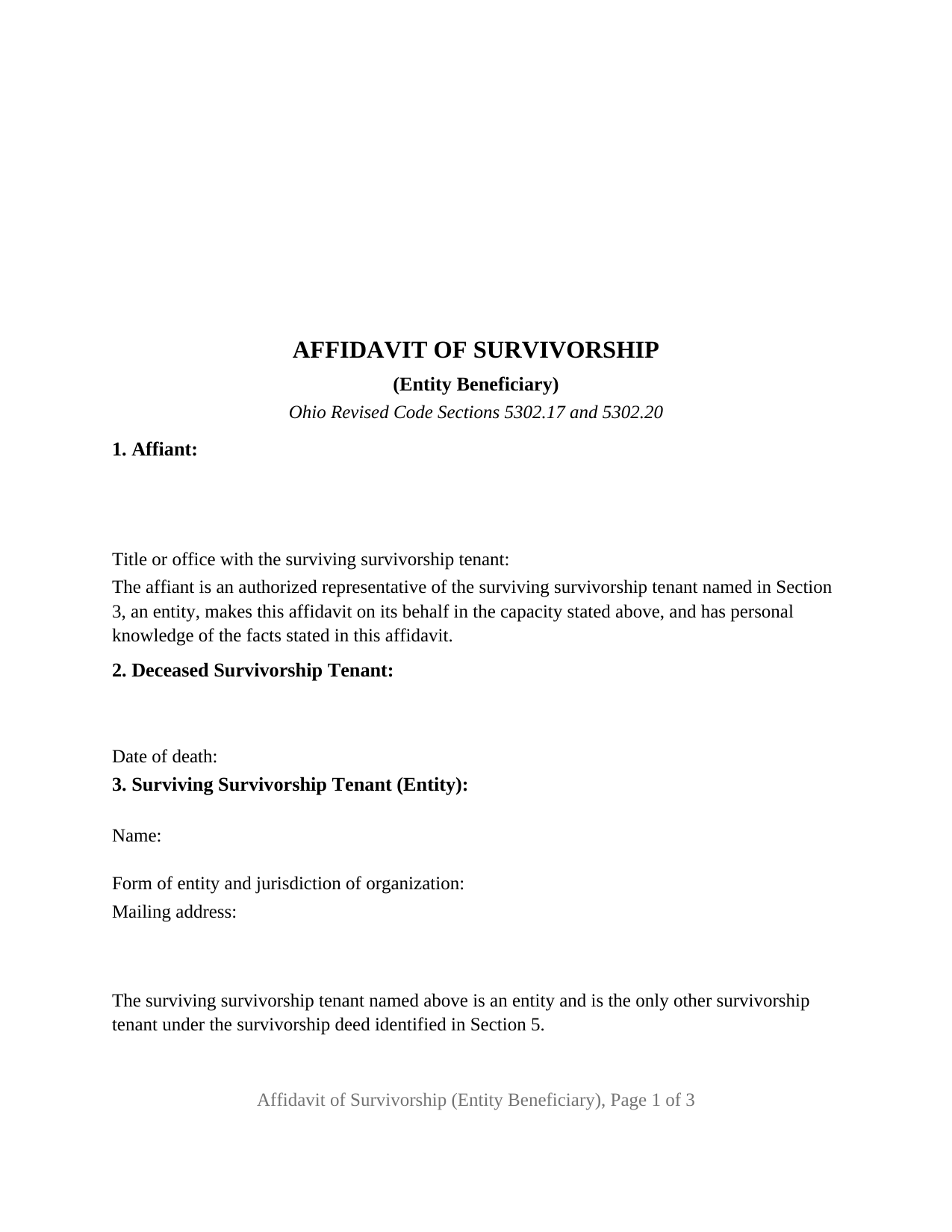 Brown County Affidavit of Survivorship (Entity Beneficiary) Form
