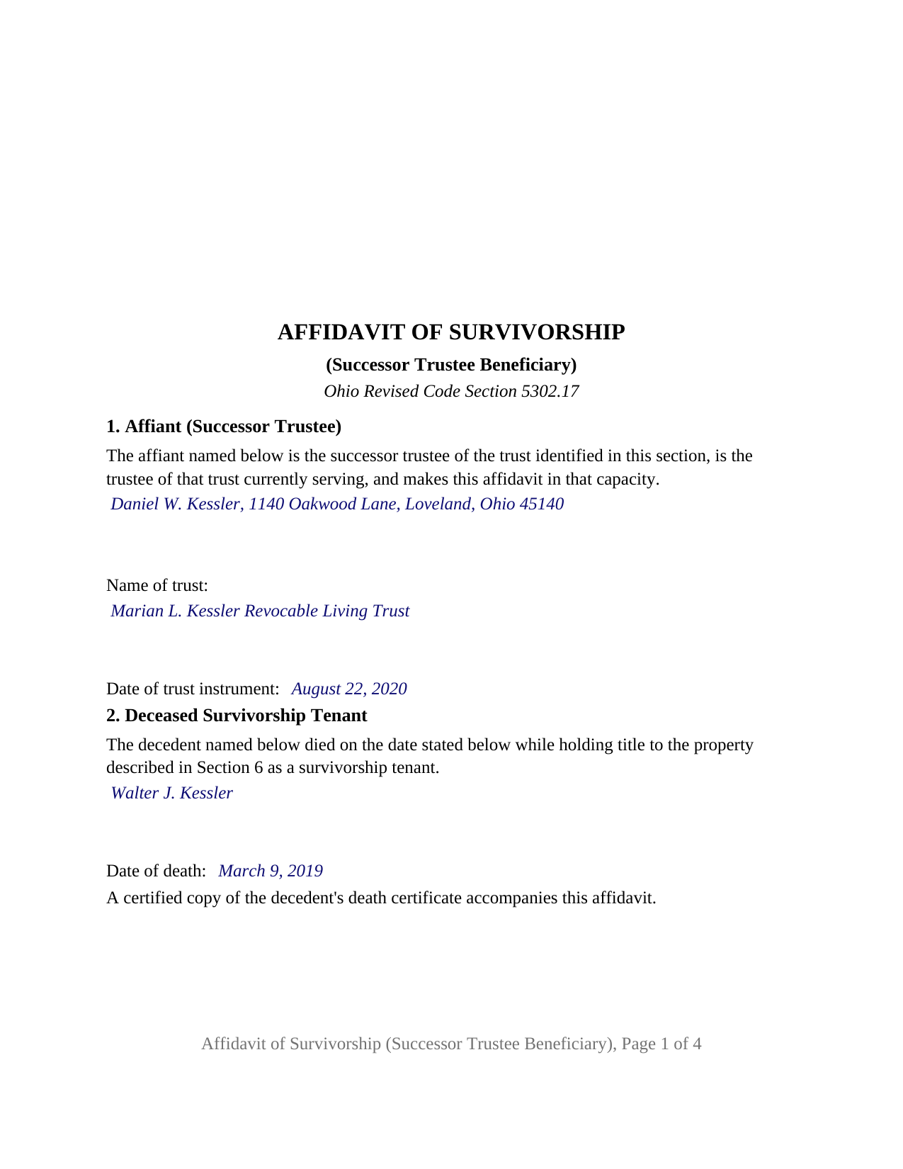 Clinton County Completed Example of the Affidavit of Survivorship (Successor Trustee Beneficiary) Document