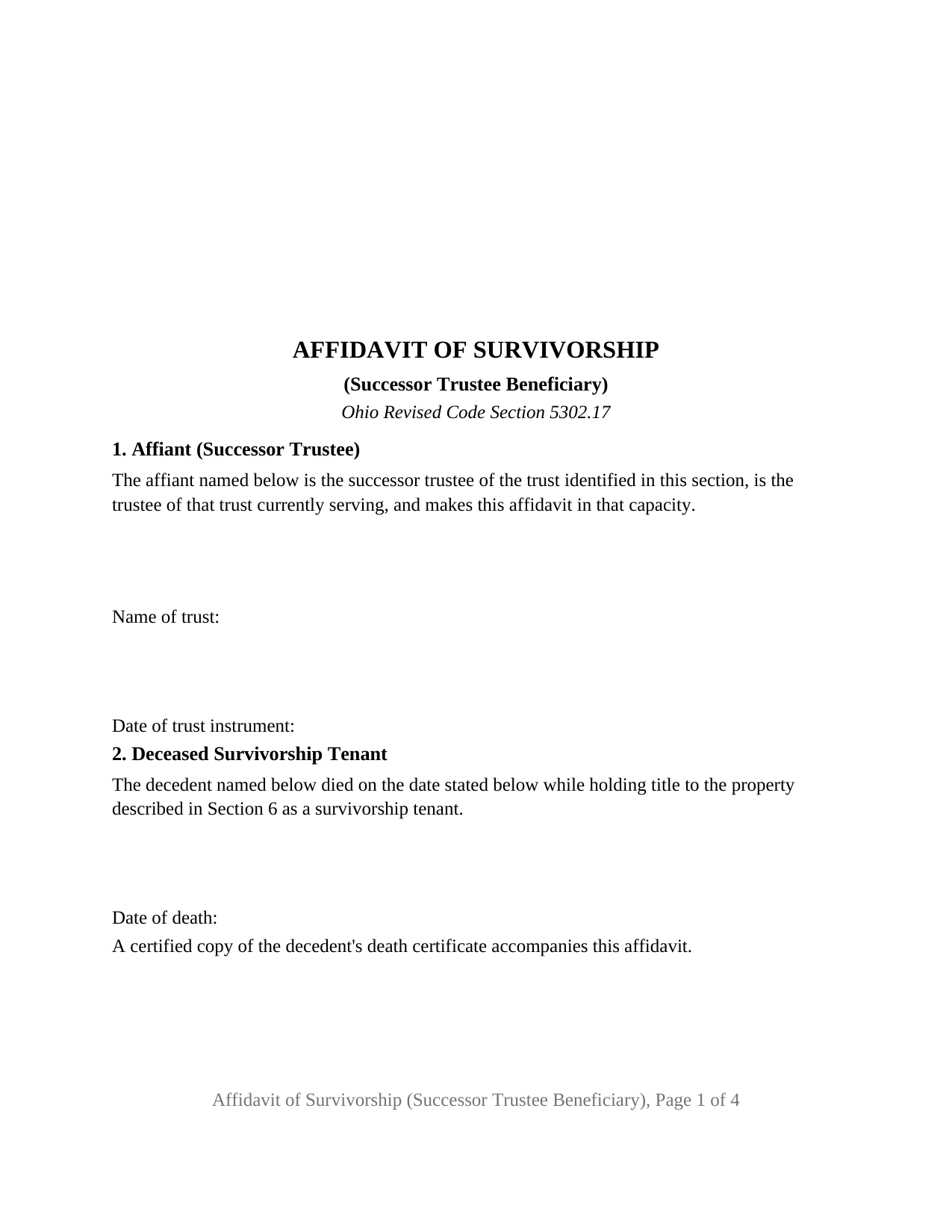 Clinton County Affidavit of Survivorship (Successor Trustee Beneficiary) Form