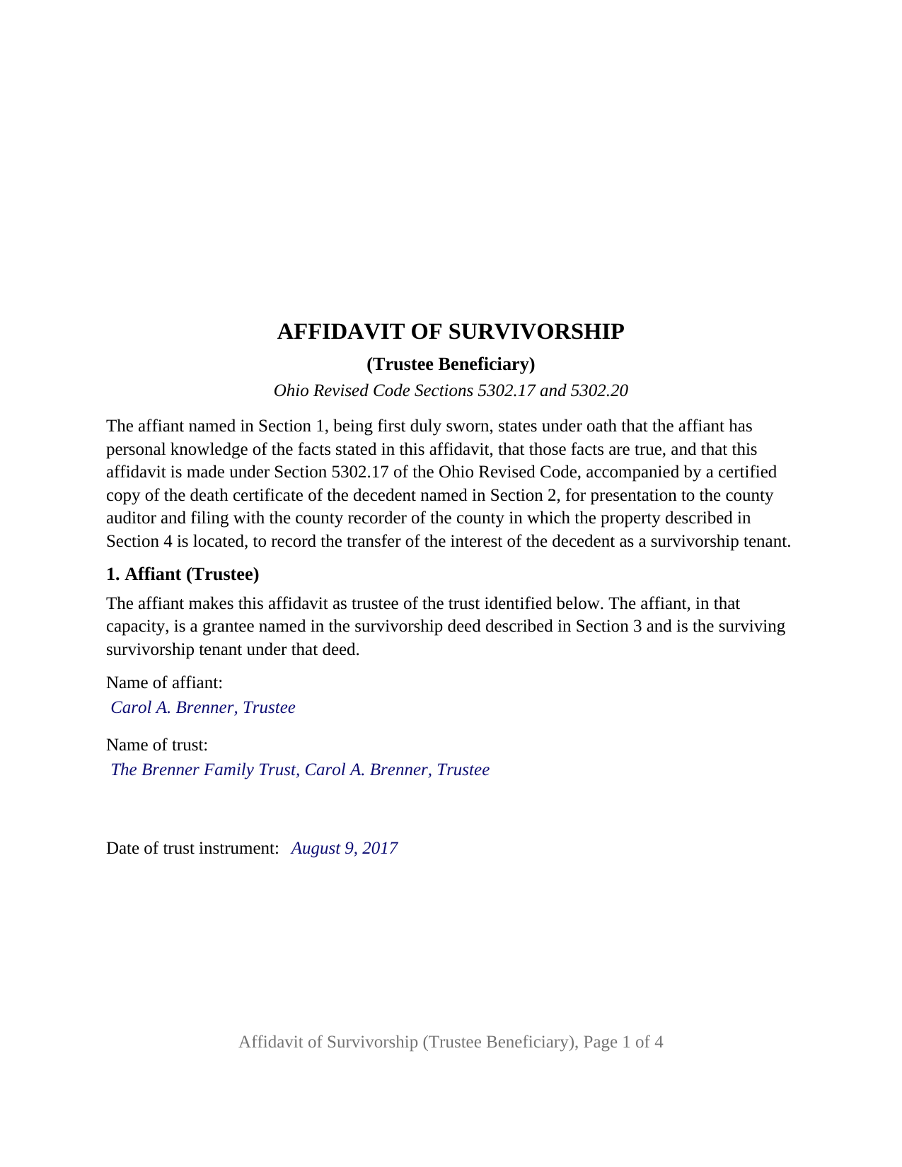 Brown County Completed Example of the Affidavit of Survivorship (Trustee Beneficiary) Document