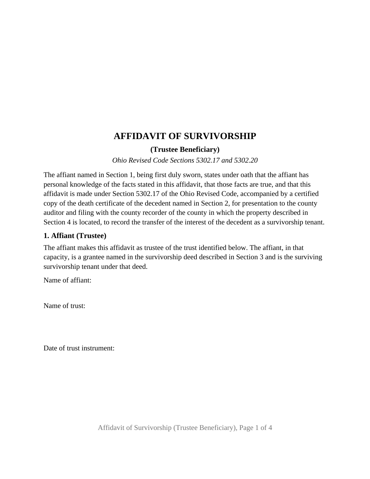 Brown County Affidavit of Survivorship (Trustee Beneficiary) Form