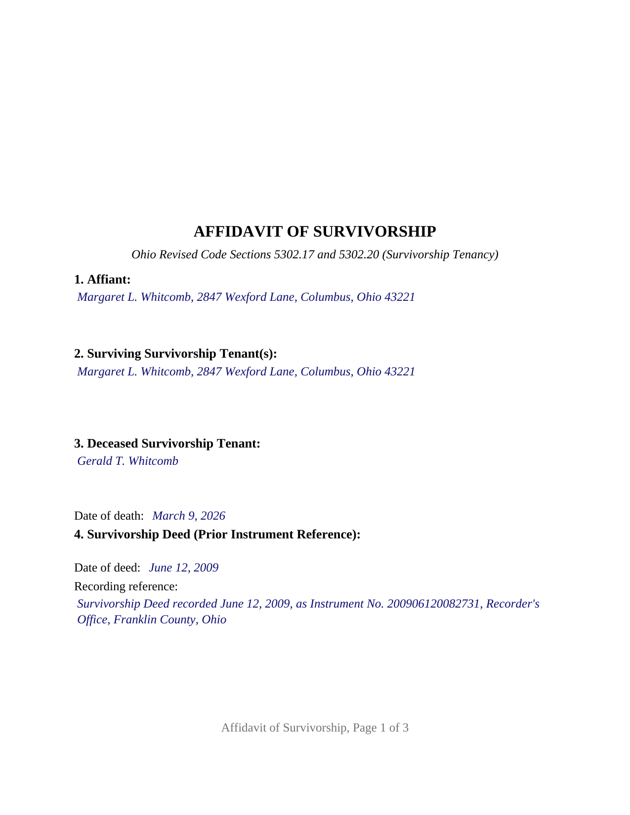 Ashtabula County Completed Example of the Affidavit of Survivorship Document
