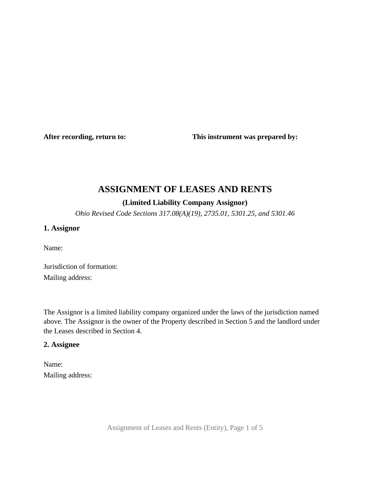 Guernsey County Assignment of Leases and Rents (Entity) Form