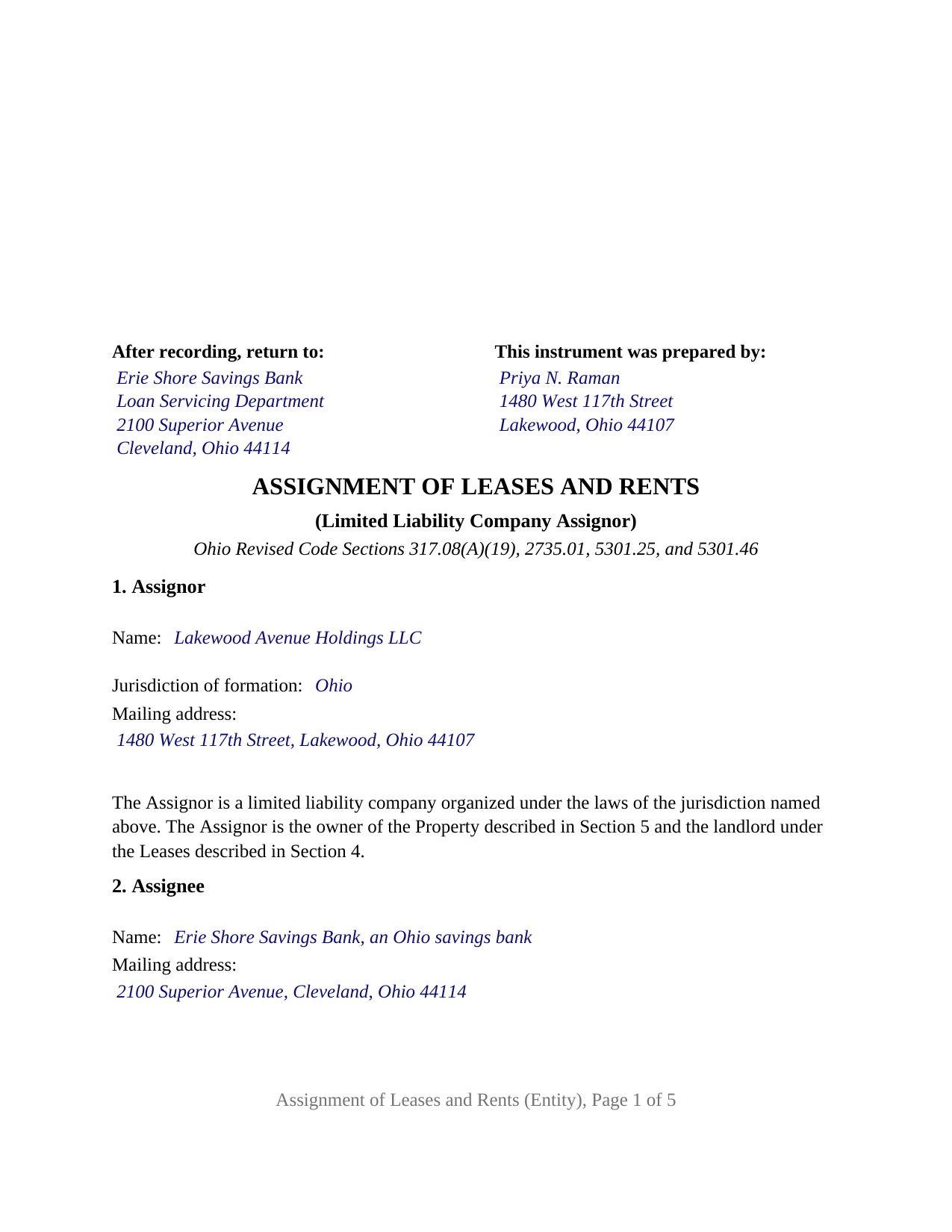 Guernsey County Completed Example of the Assignment of Leases and Rents (Entity) Document