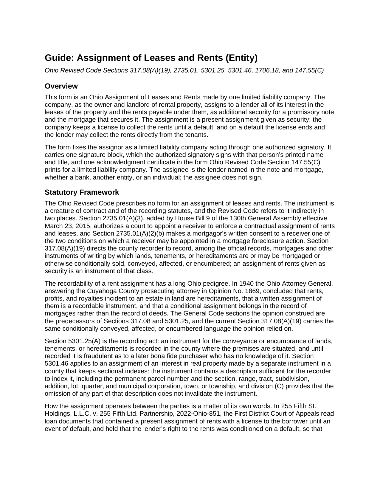 Guernsey County Assignment of Leases and Rents (Entity) Guide