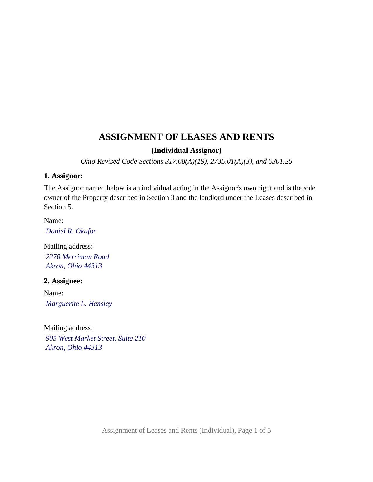 Huron County Completed Example of the Assignment of Leases and Rents (Individual) Document
