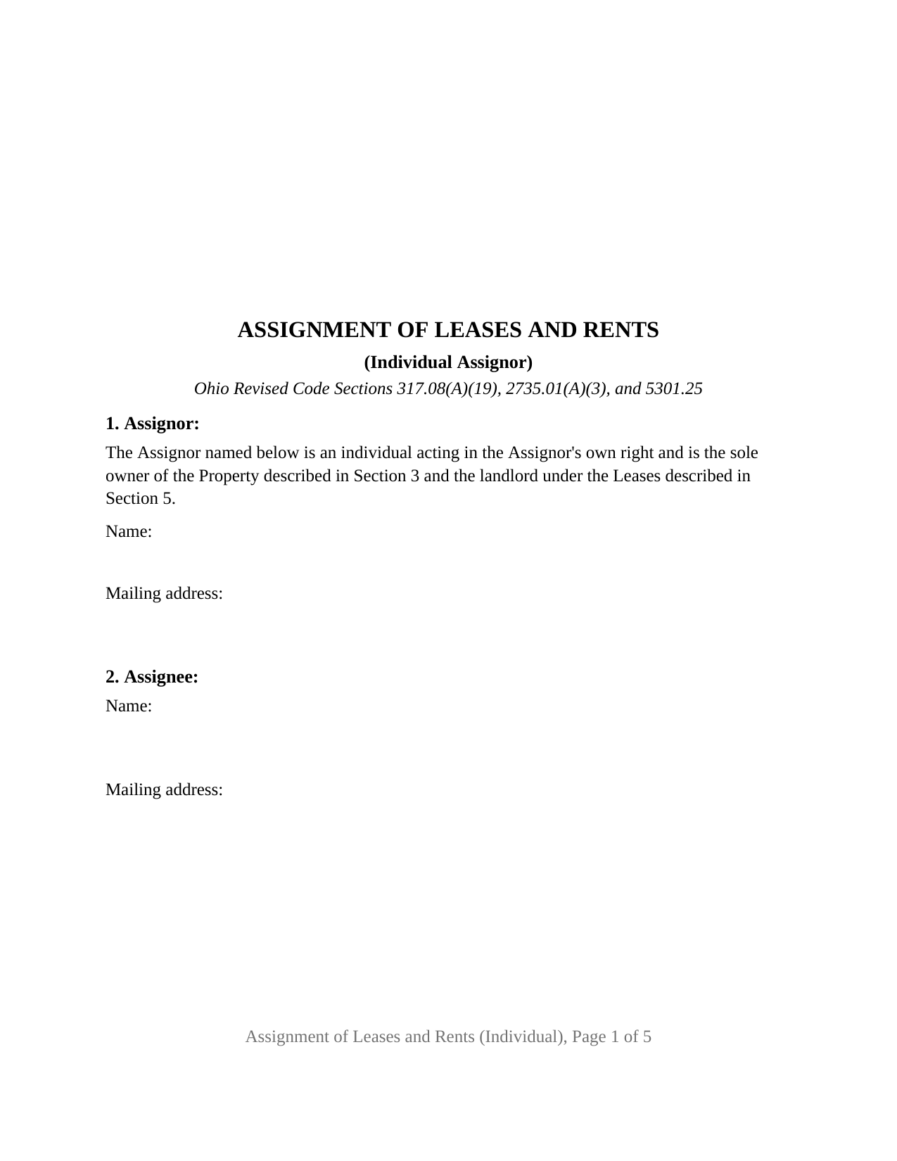 Huron County Assignment of Leases and Rents (Individual) Form