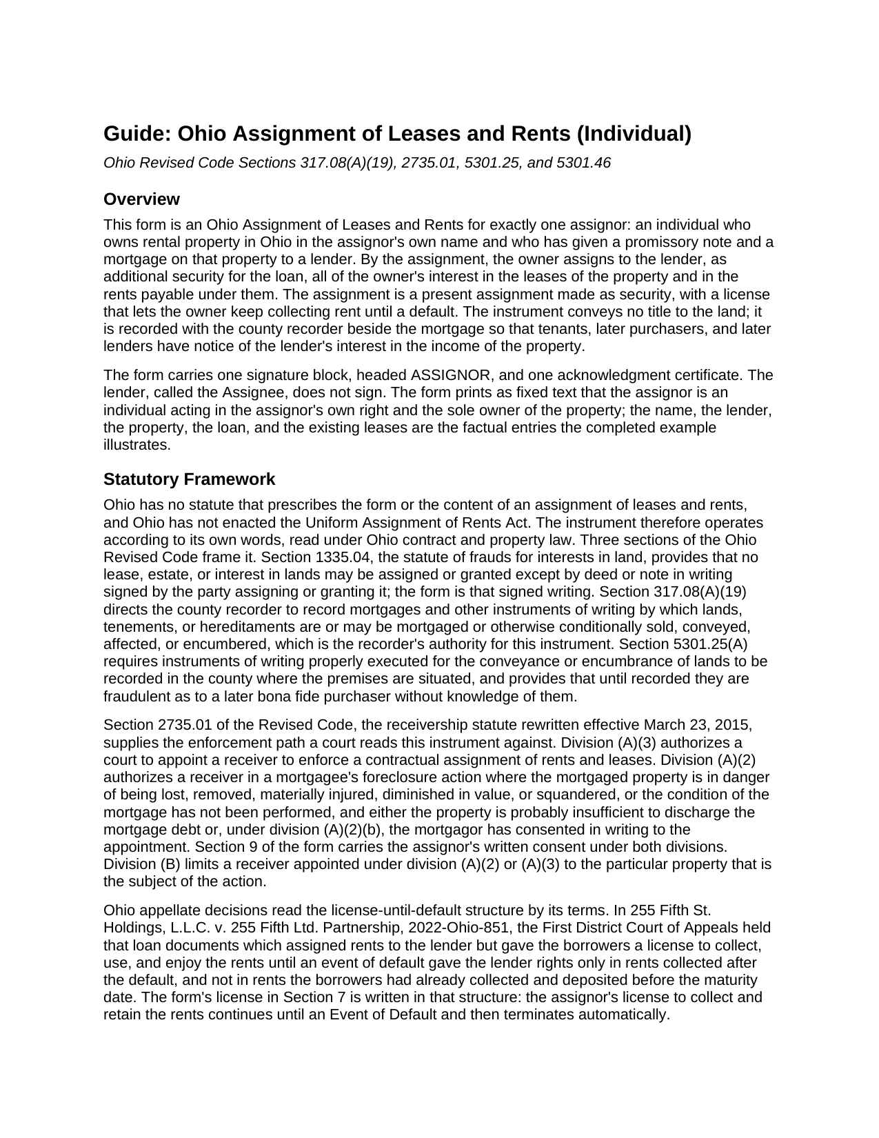 Huron County Assignment of Leases and Rents (Individual) Guide