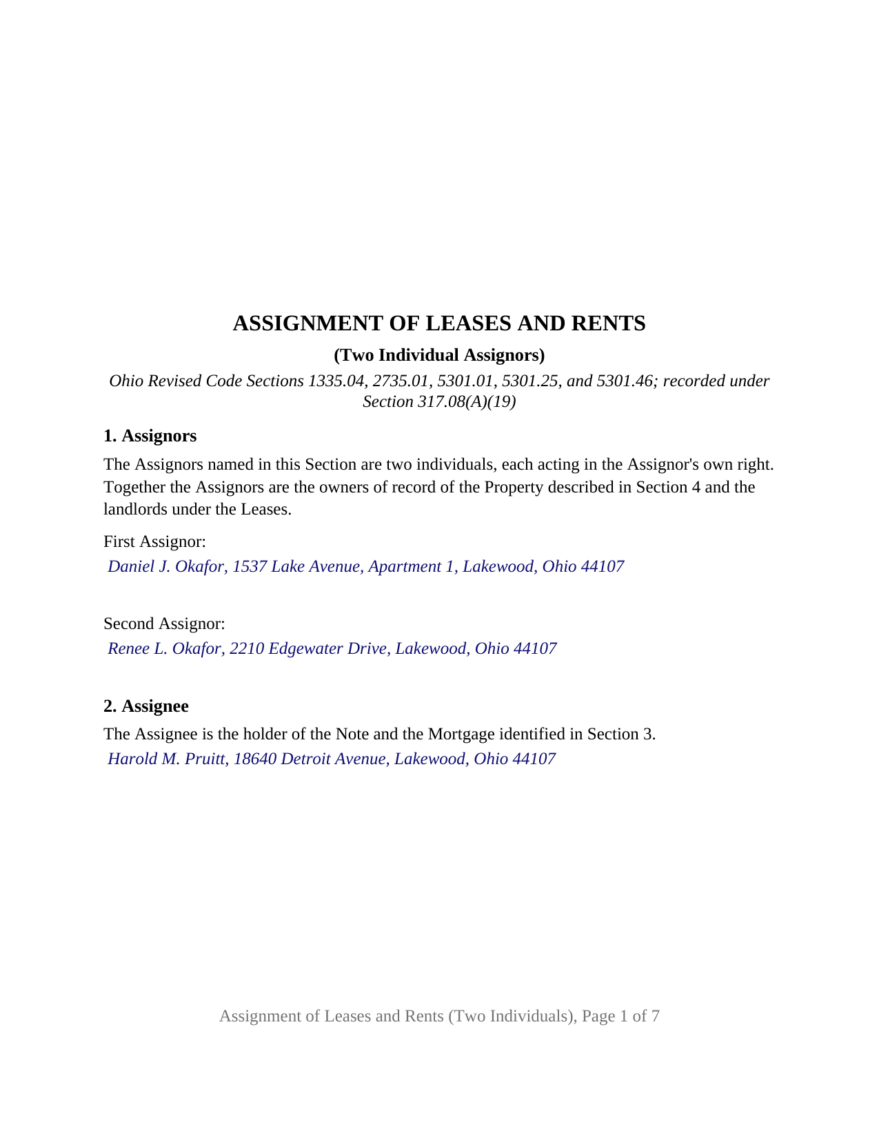 Guernsey County Completed Example of the Assignment of Leases and Rents (Two Individuals) Document