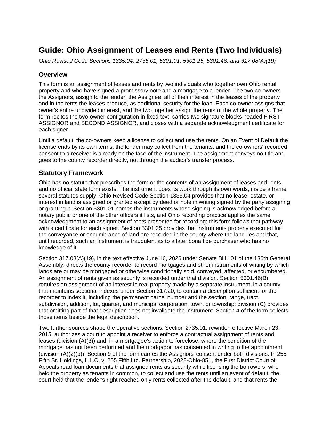 Guernsey County Assignment of Leases and Rents (Two Individuals) Guide