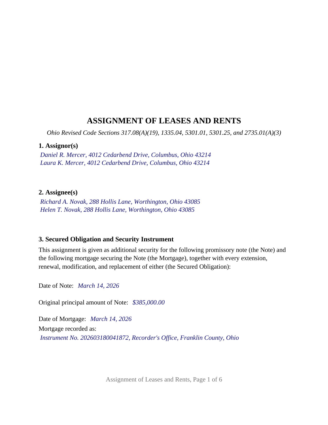 Adams County Completed Example of the Assignment of Leases and Rents Document
