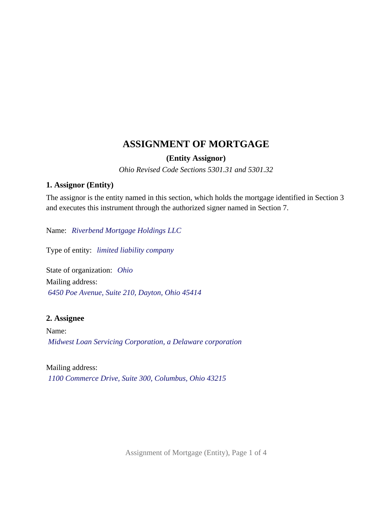 Darke County Completed Example of the Assignment of Mortgage (Entity) Document