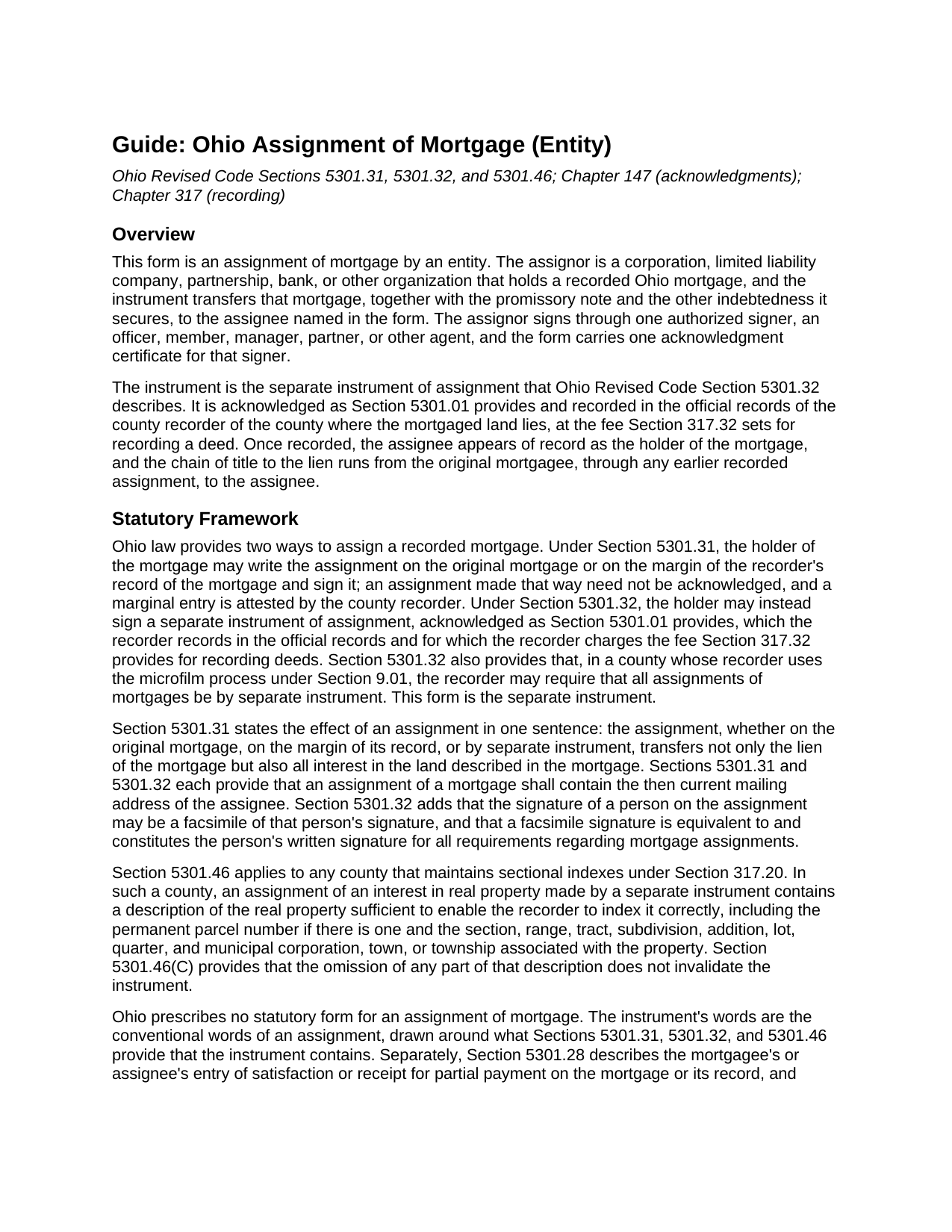 Darke County Assignment of Mortgage (Entity) Guide