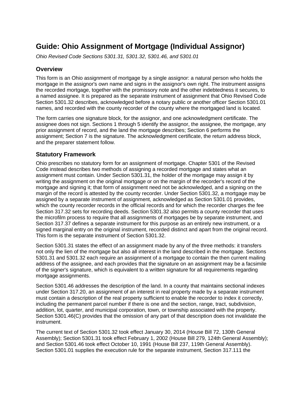 Darke County Assignment of Mortgage (Individual) Guide