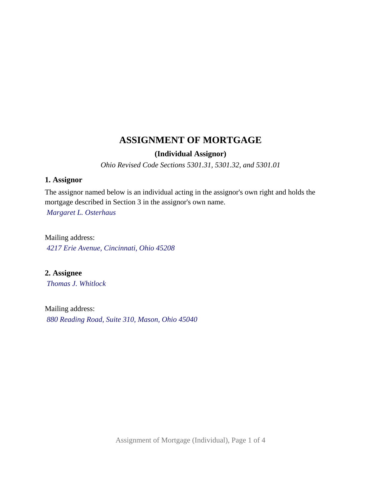 Darke County Completed Example of the Assignment of Mortgage (Individual) Document