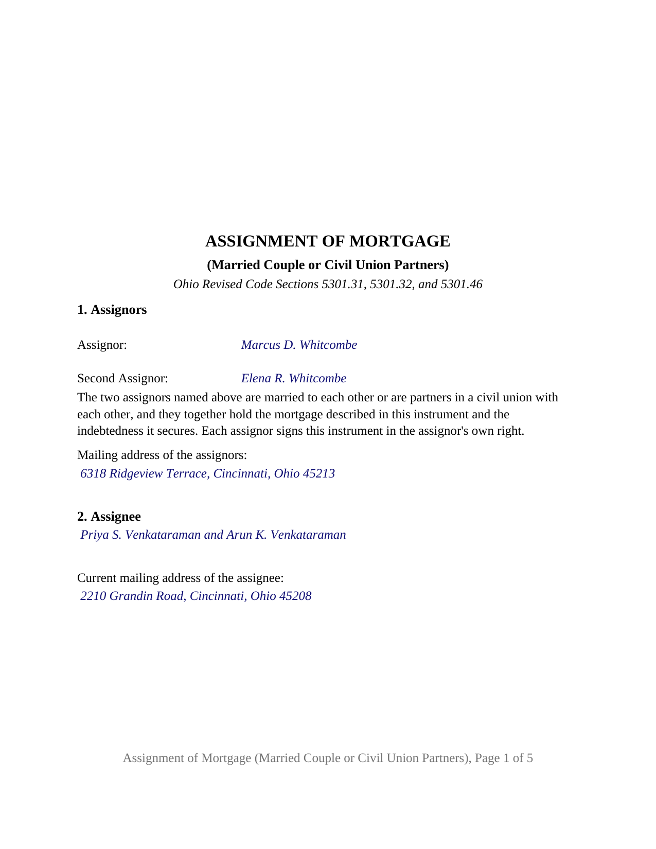 Darke County Completed Example of the Assignment of Mortgage (Married Couple or Civil Union Partners) Document