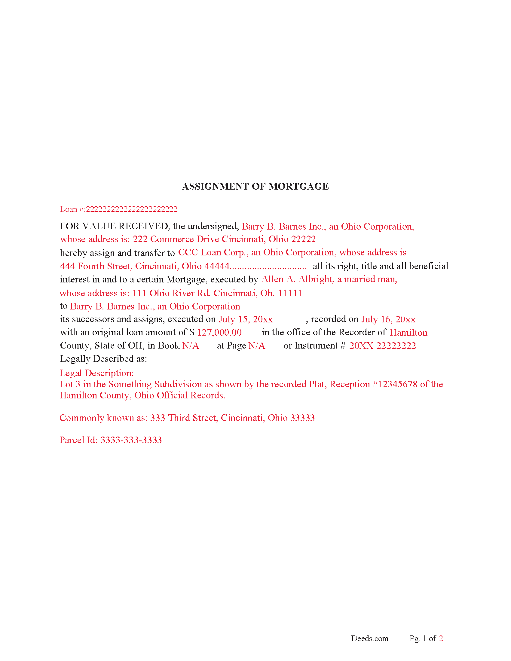 Hocking County Completed Example of the Assignment of Mortgage Document