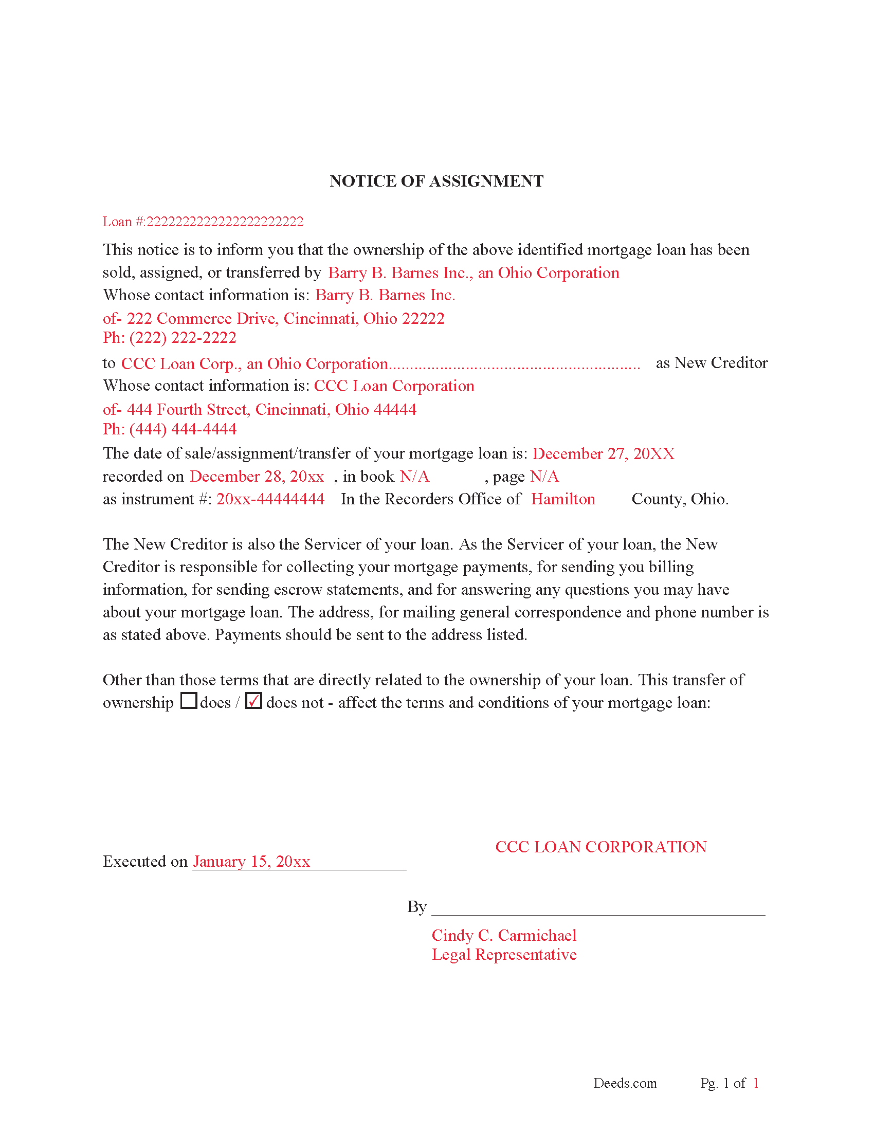 Hocking County Completed Example of Notice of Assignment Document