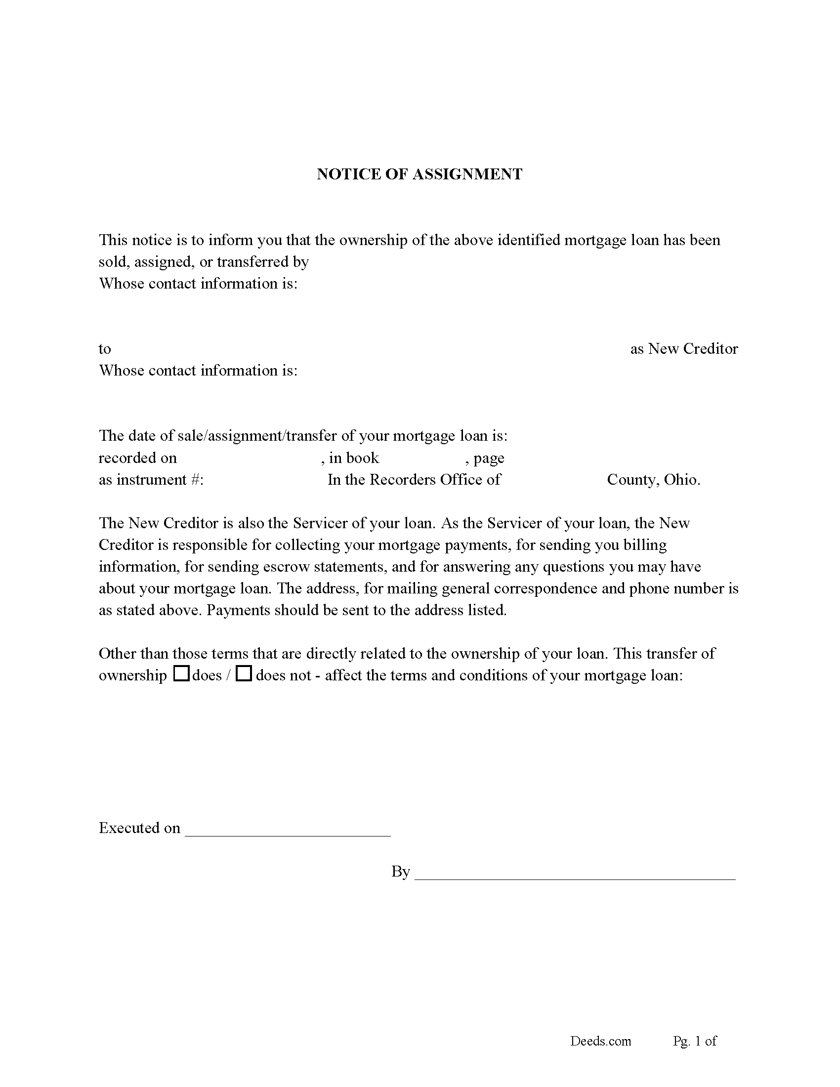 Hocking County Notice of Assignment of Mortgage Form