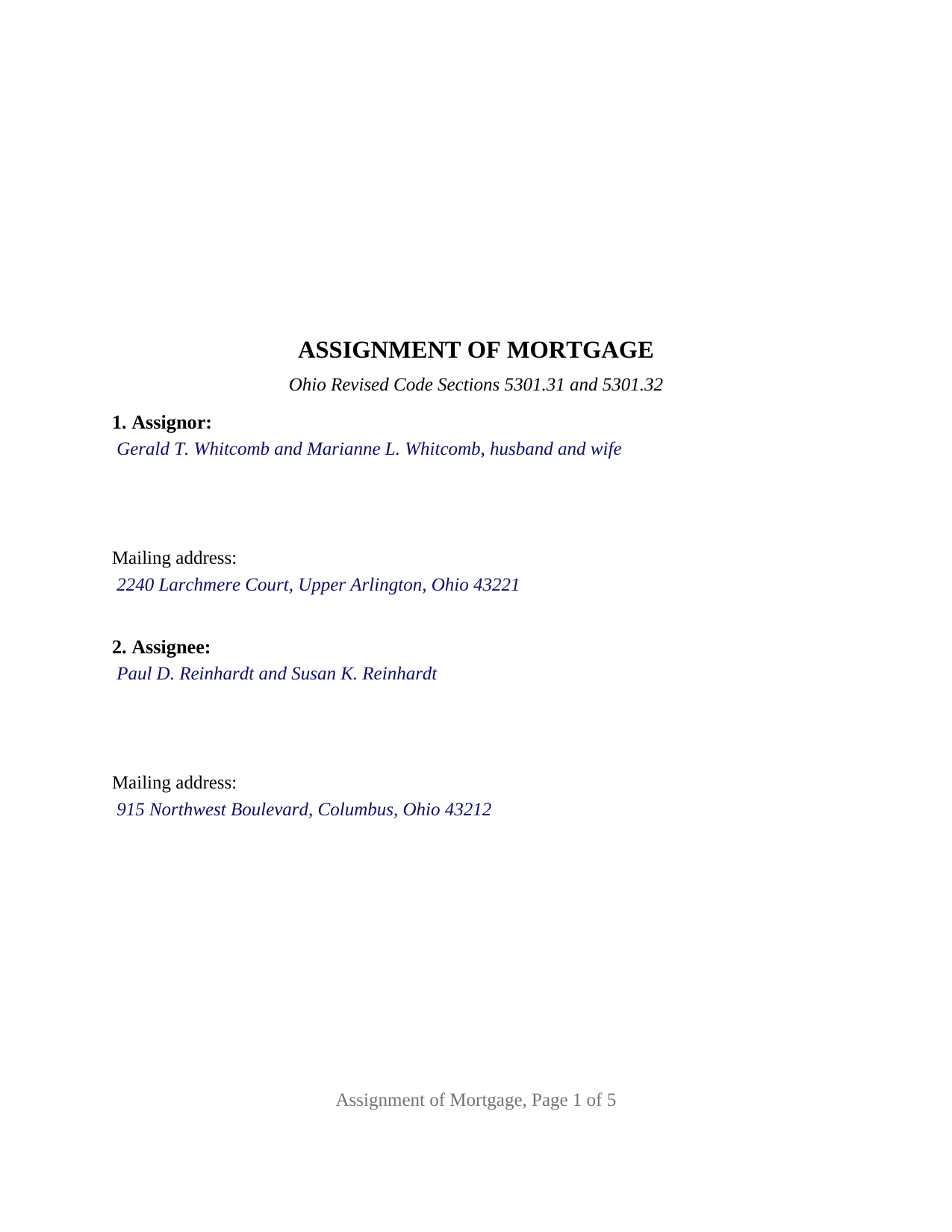 Darke County Completed Example of the Assignment of Mortgage Document