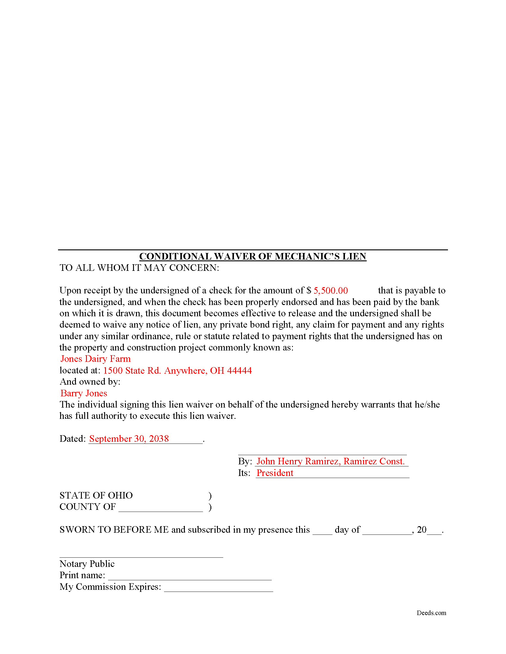 Completed Example of the Conditional Lien Waiver Document