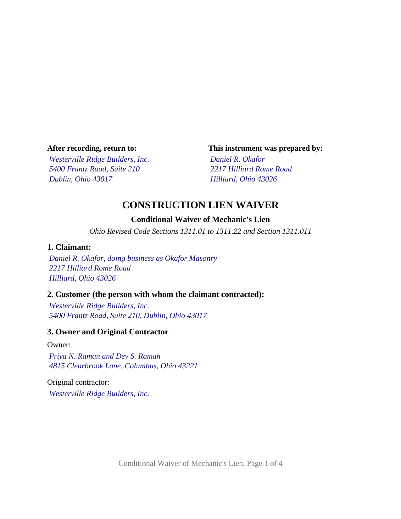 Guernsey County Completed Example of the Conditional Lien Waiver Document