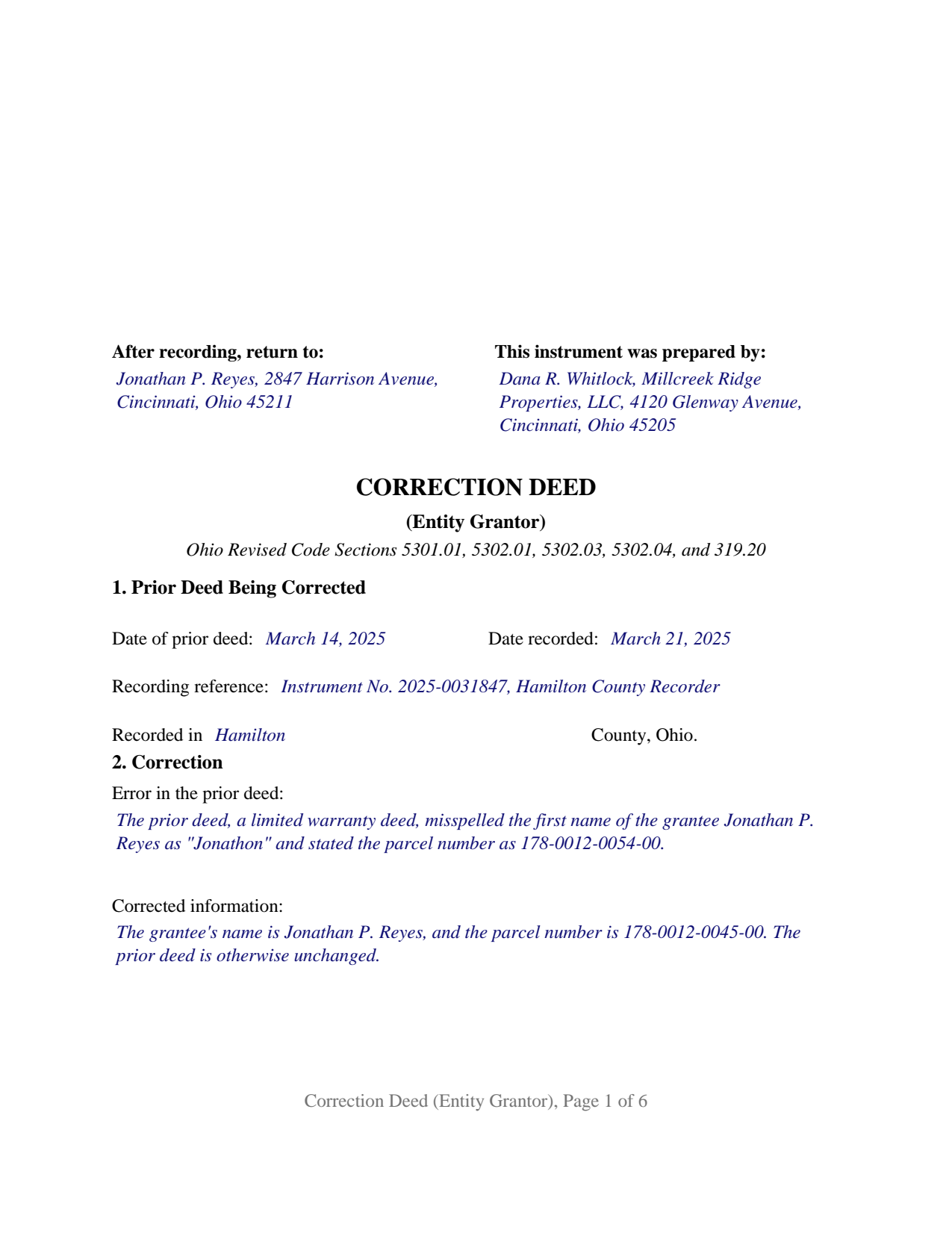 Allen County Completed Example of the Correction Deed (Entity Grantor) Document