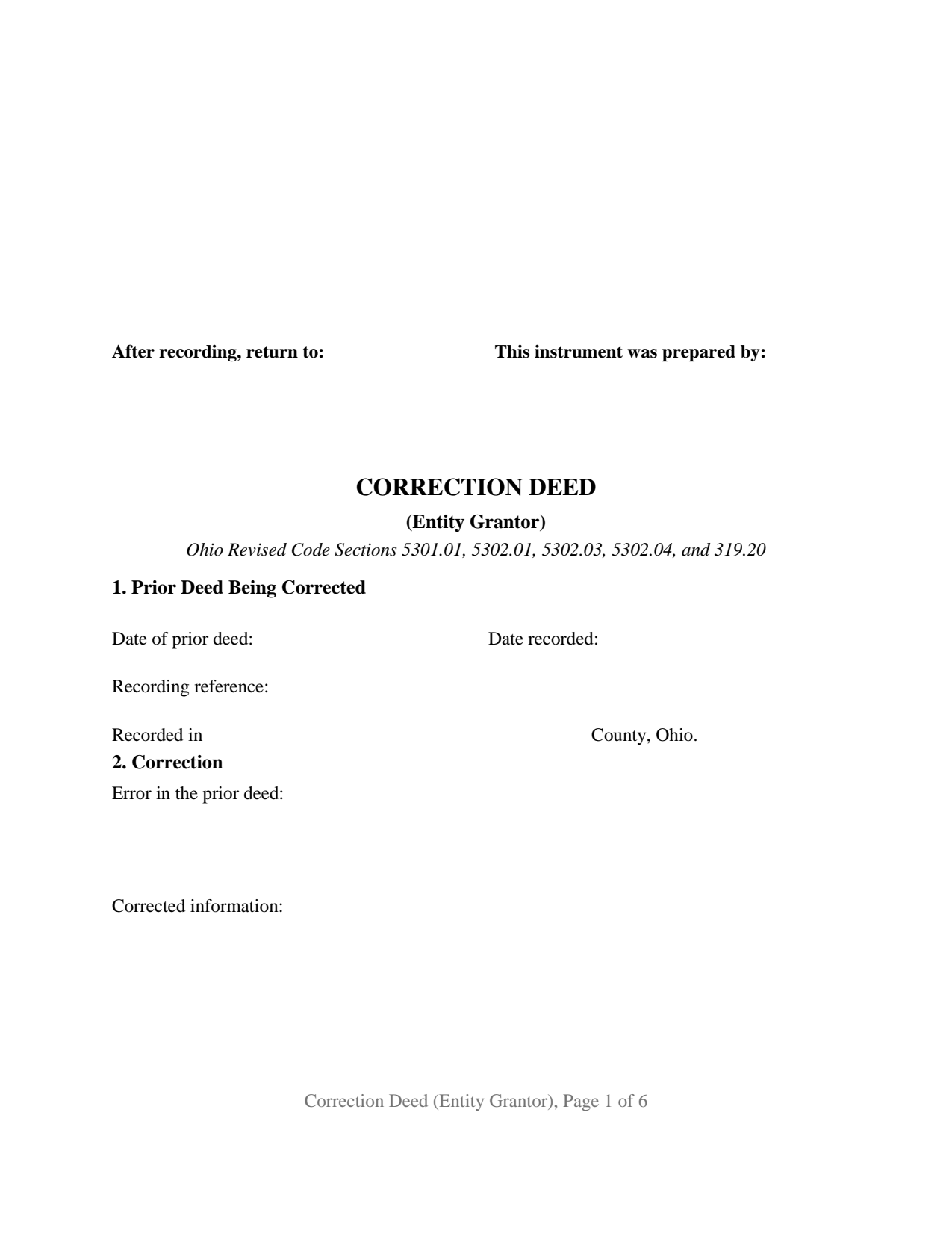 Allen County Correction Deed (Entity Grantor) Form