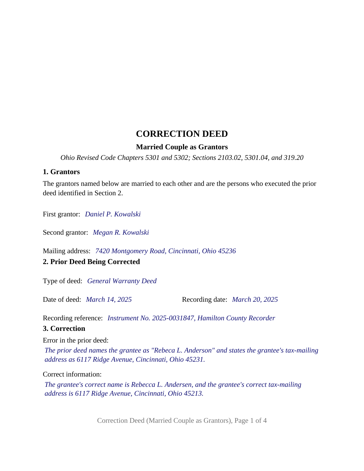 Washington County Completed Example of the Correction Deed (Married Couple as Grantors) Document