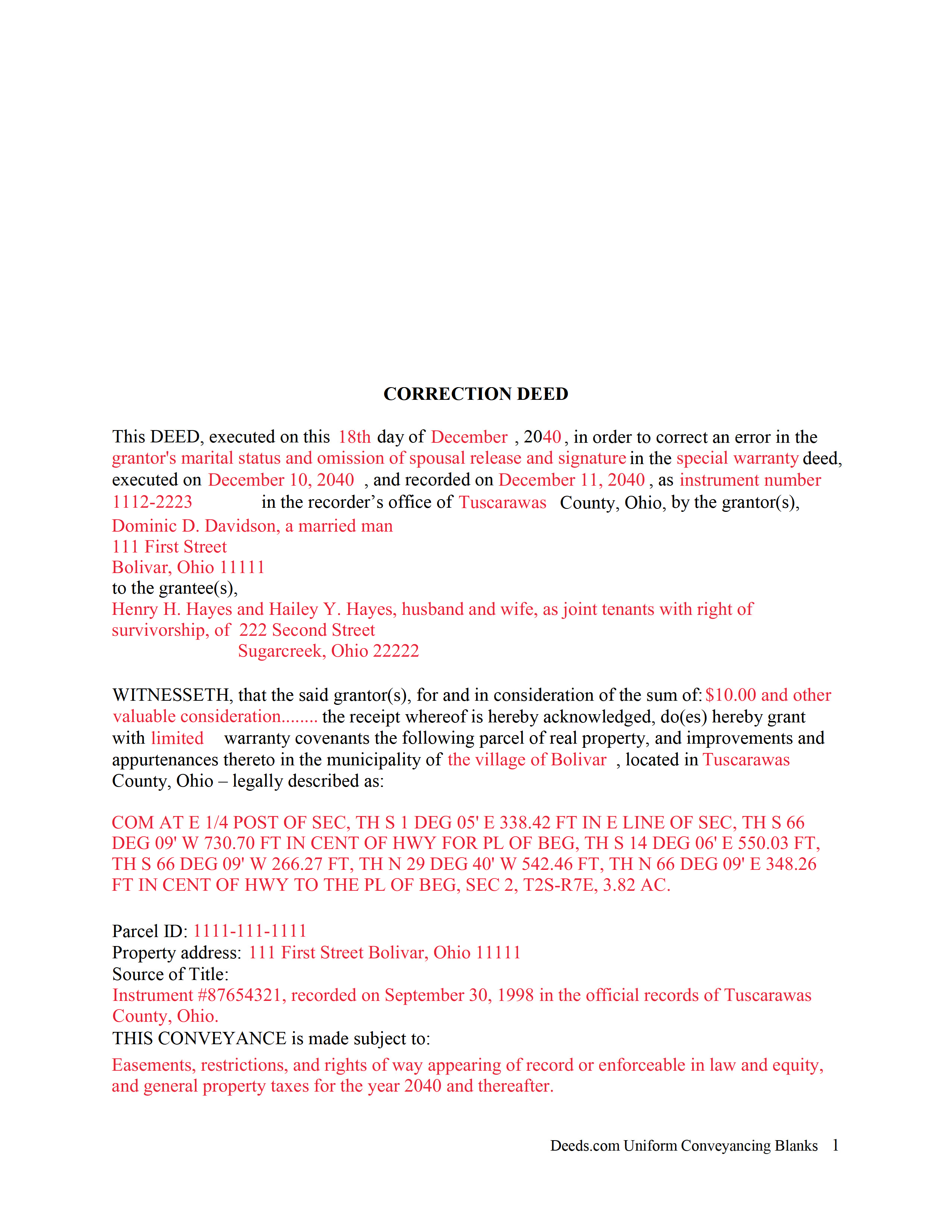 Completed Example of the Correction Deed Document