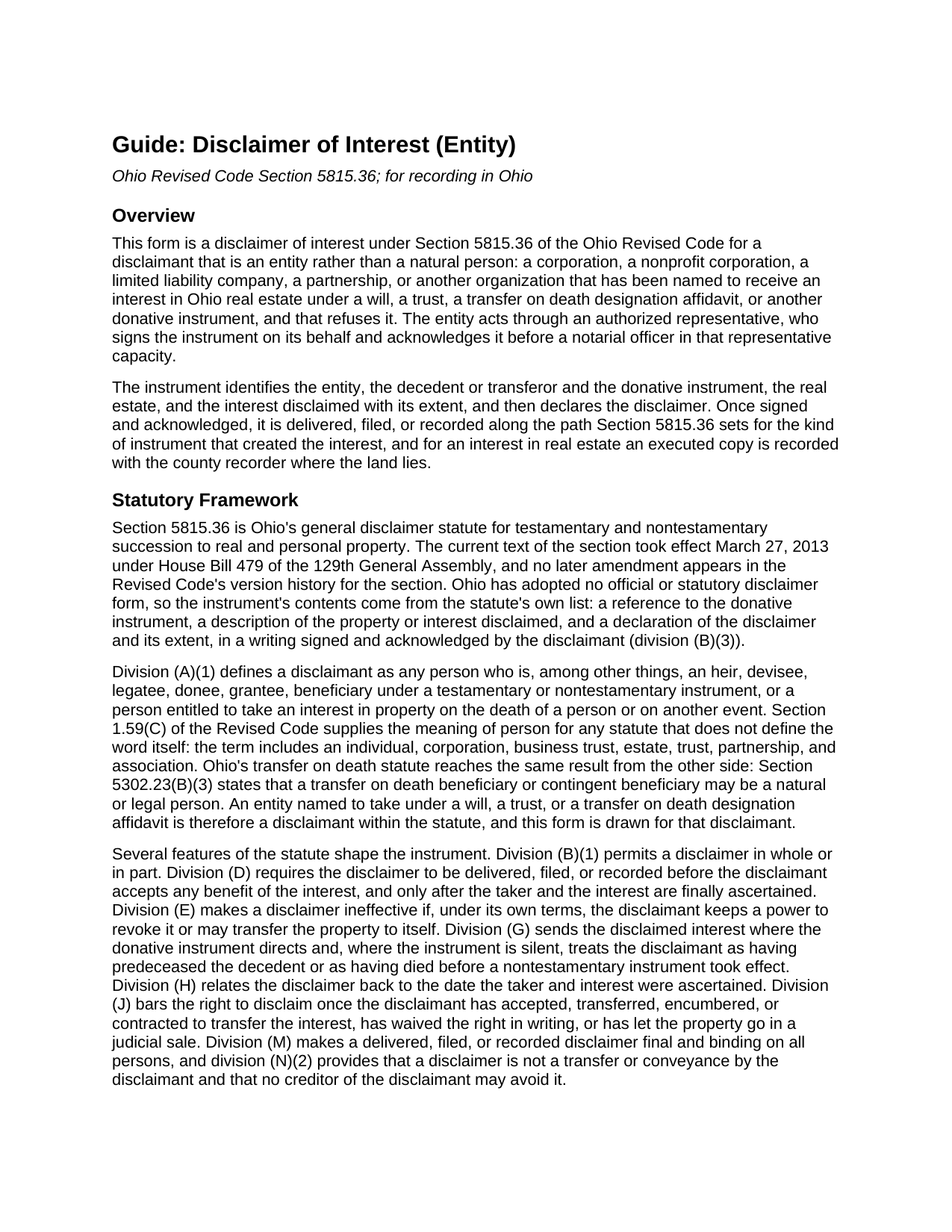 Hocking County Disclaimer of Interest (Entity) Guide