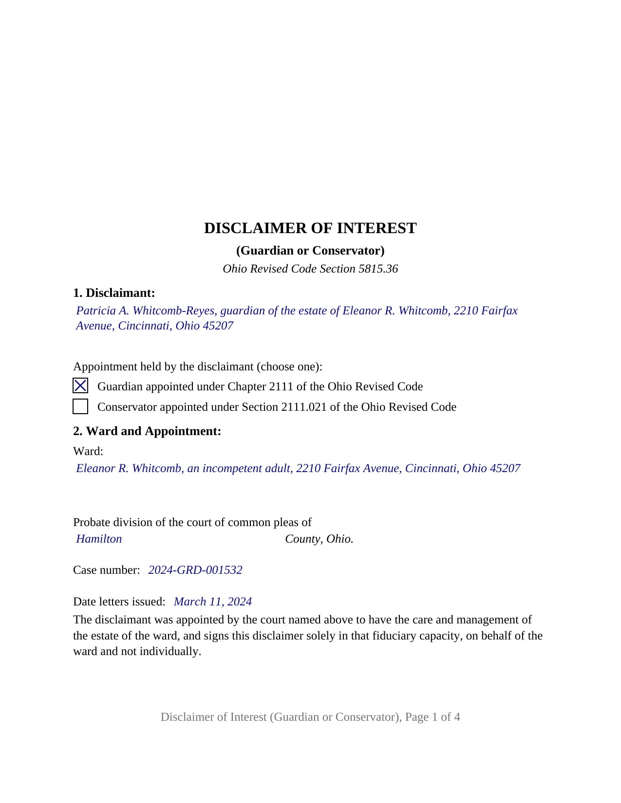 Wyandot County Completed Example of the Disclaimer of Interest (Guardian or Conservator) Document