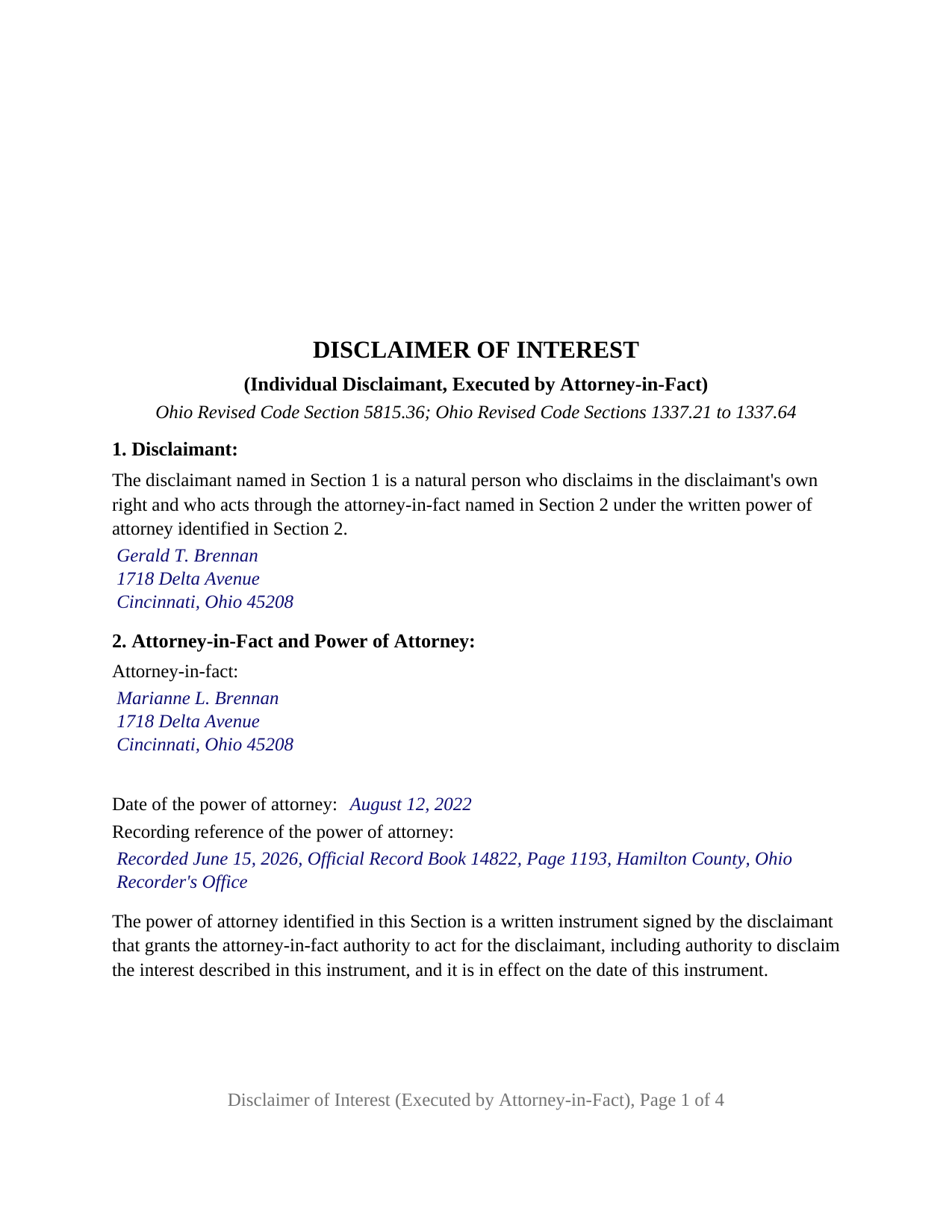 Wyandot County Completed Example of the Disclaimer of Interest (Individual, Executed by Attorney-in-Fact) Document