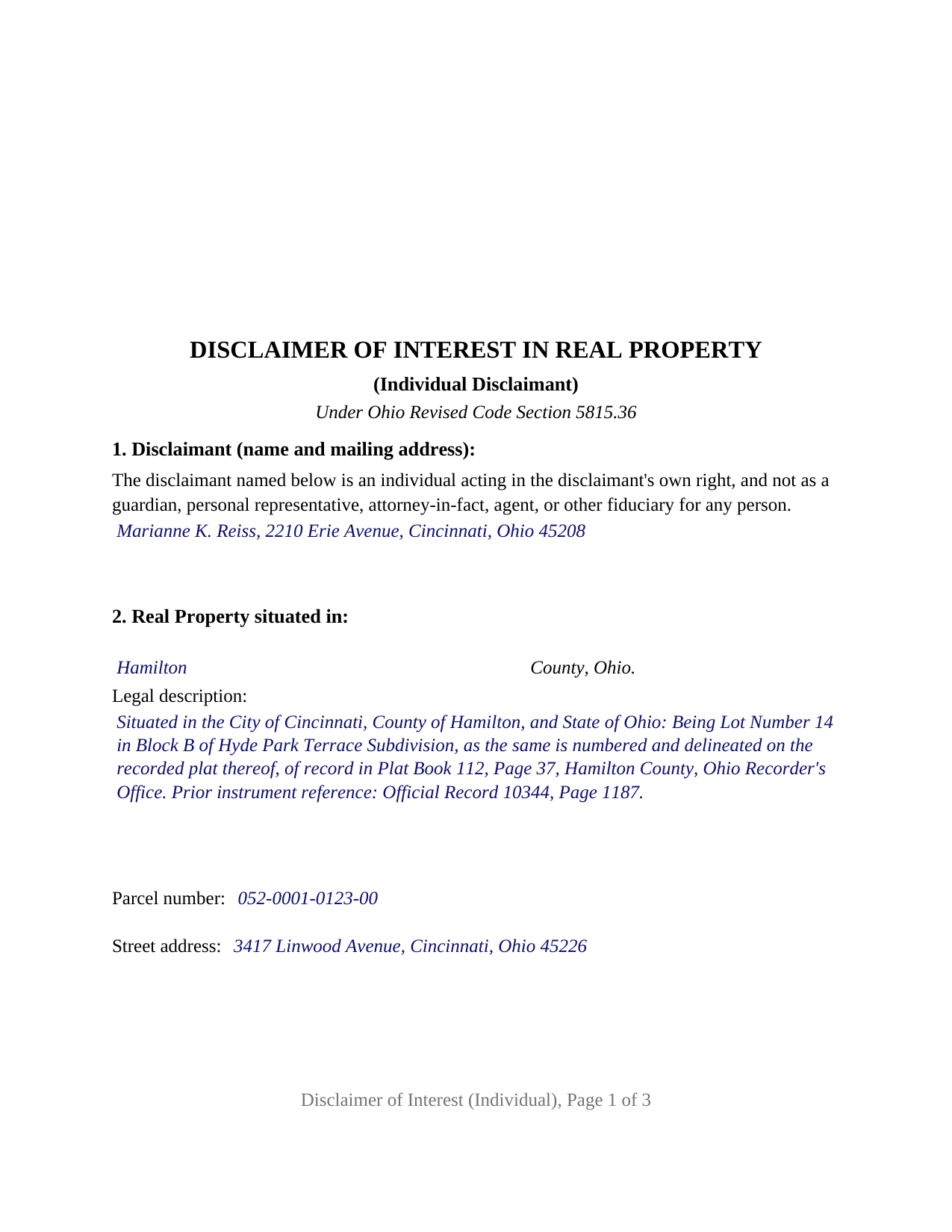Wyandot County Completed Example of the Disclaimer of Interest (Individual) Document