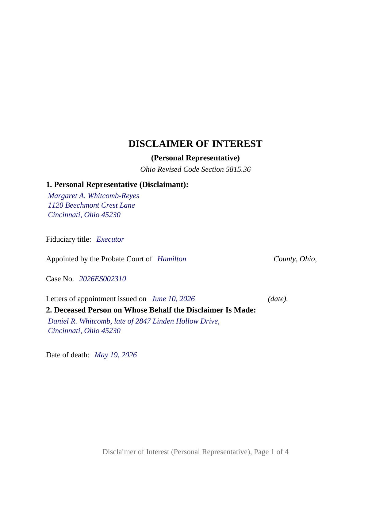 Wyandot County Completed Example of the Disclaimer of Interest (Personal Representative) Document