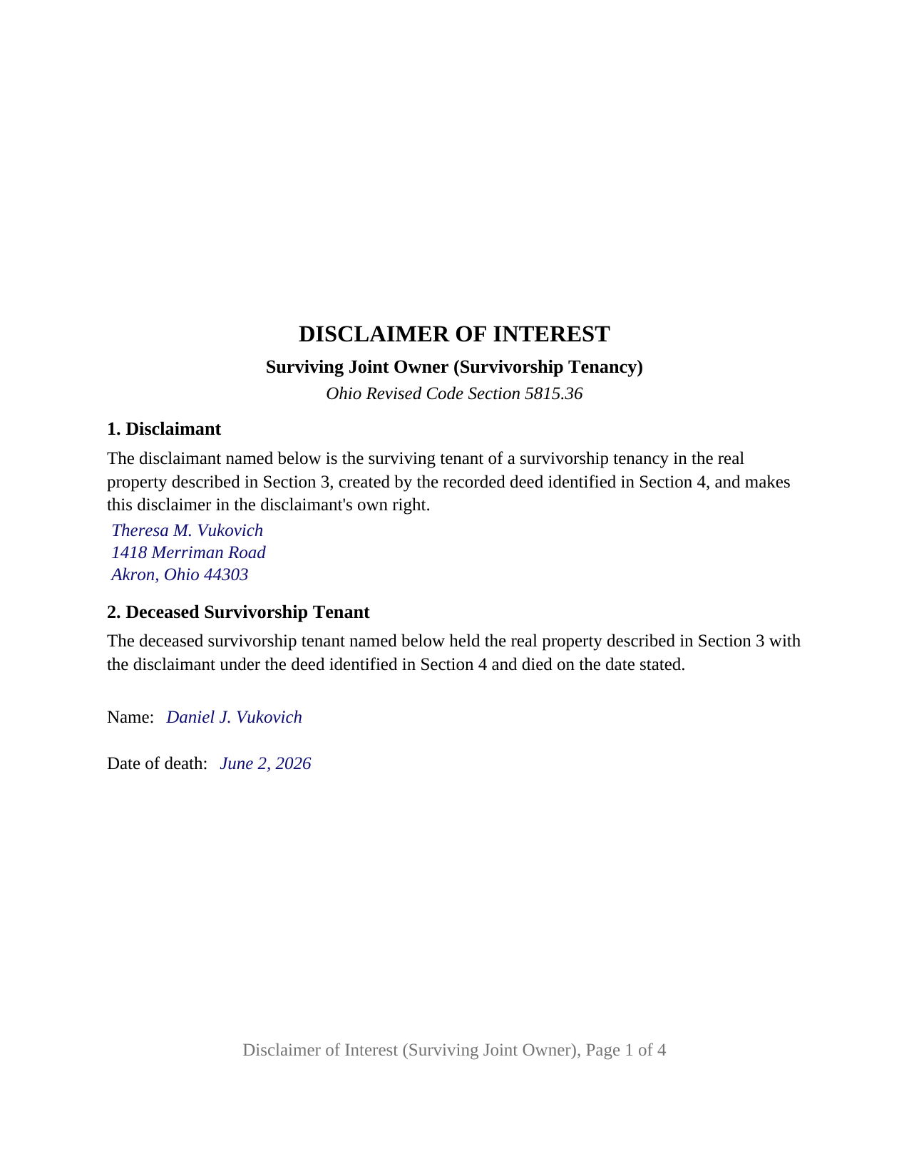 Wyandot County Completed Example of the Disclaimer of Interest (Surviving Joint Owner) Document